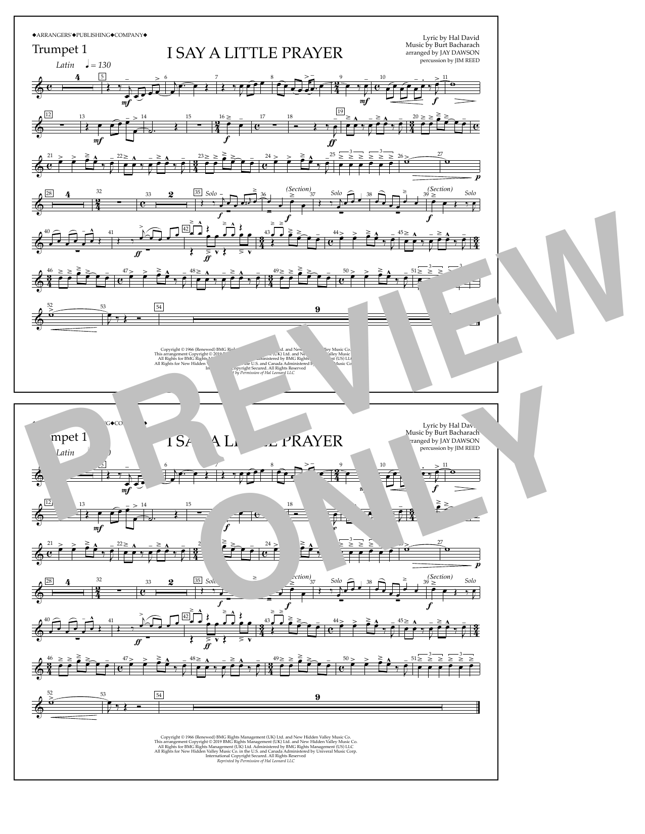 Download Aretha Franklin I Say a Little Prayer (arr. Jay Dawson) - Trumpet 1 Sheet Music and learn how to play Marching Band PDF digital score in minutes