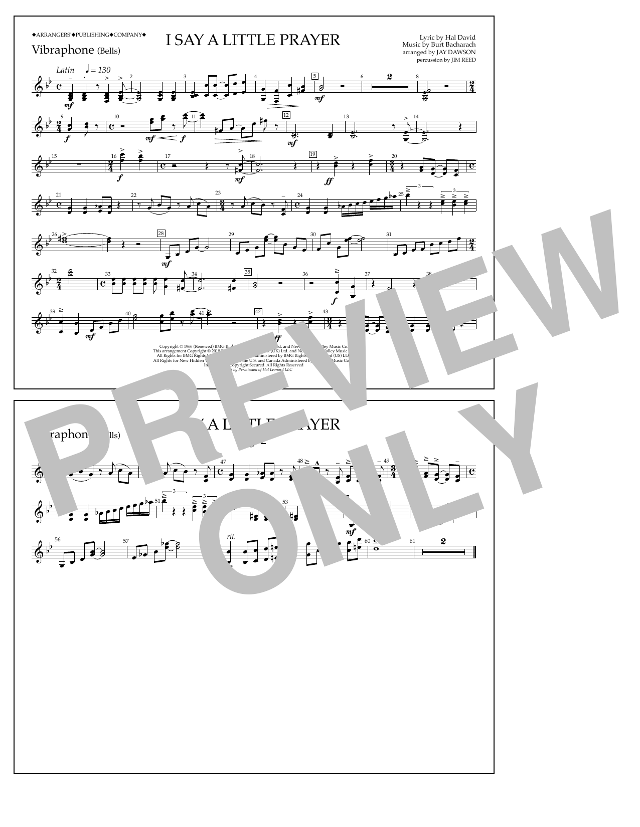 Download Aretha Franklin I Say a Little Prayer (arr. Jay Dawson) - Vibraphone Sheet Music and learn how to play Marching Band PDF digital score in minutes