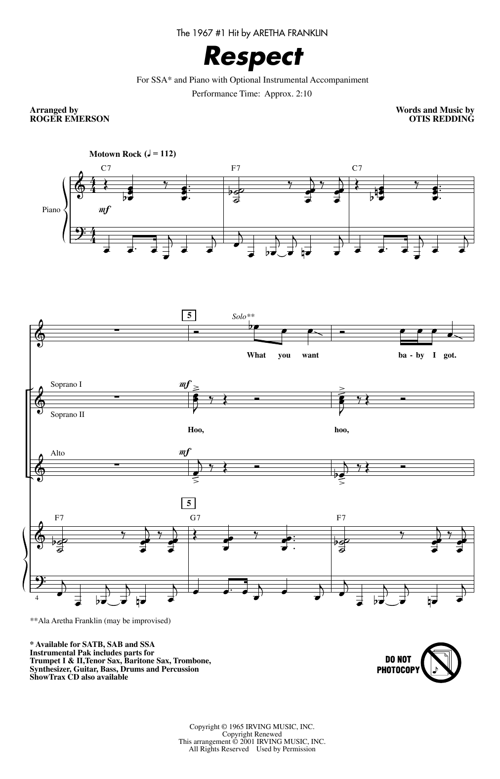 Download Aretha Franklin Respect (arr. Roger Emerson) Sheet Music and learn how to play SAB Choir PDF digital score in minutes