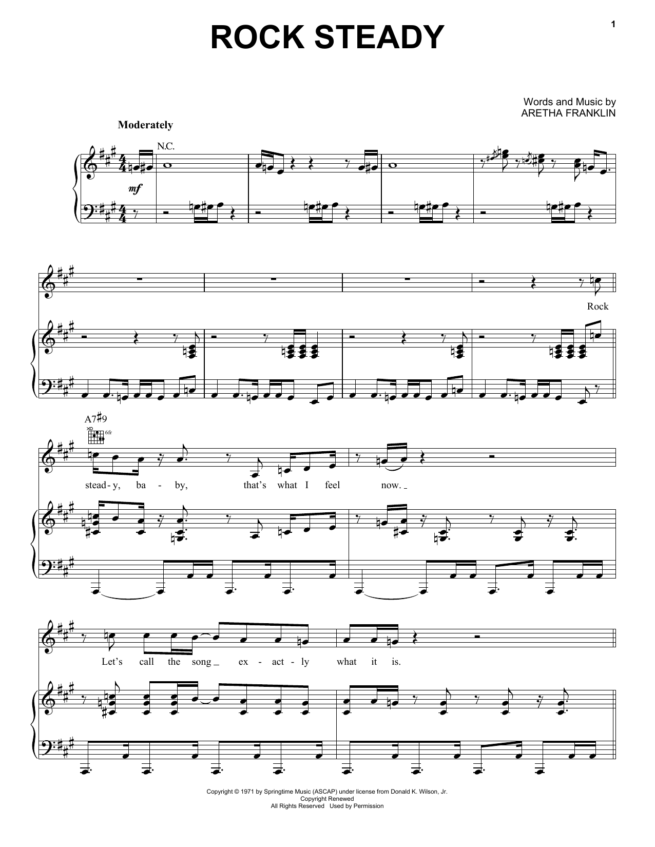 Download Aretha Franklin Rock Steady Sheet Music and learn how to play Piano, Vocal & Guitar Chords (Right-Hand Melody) PDF digital score in minutes