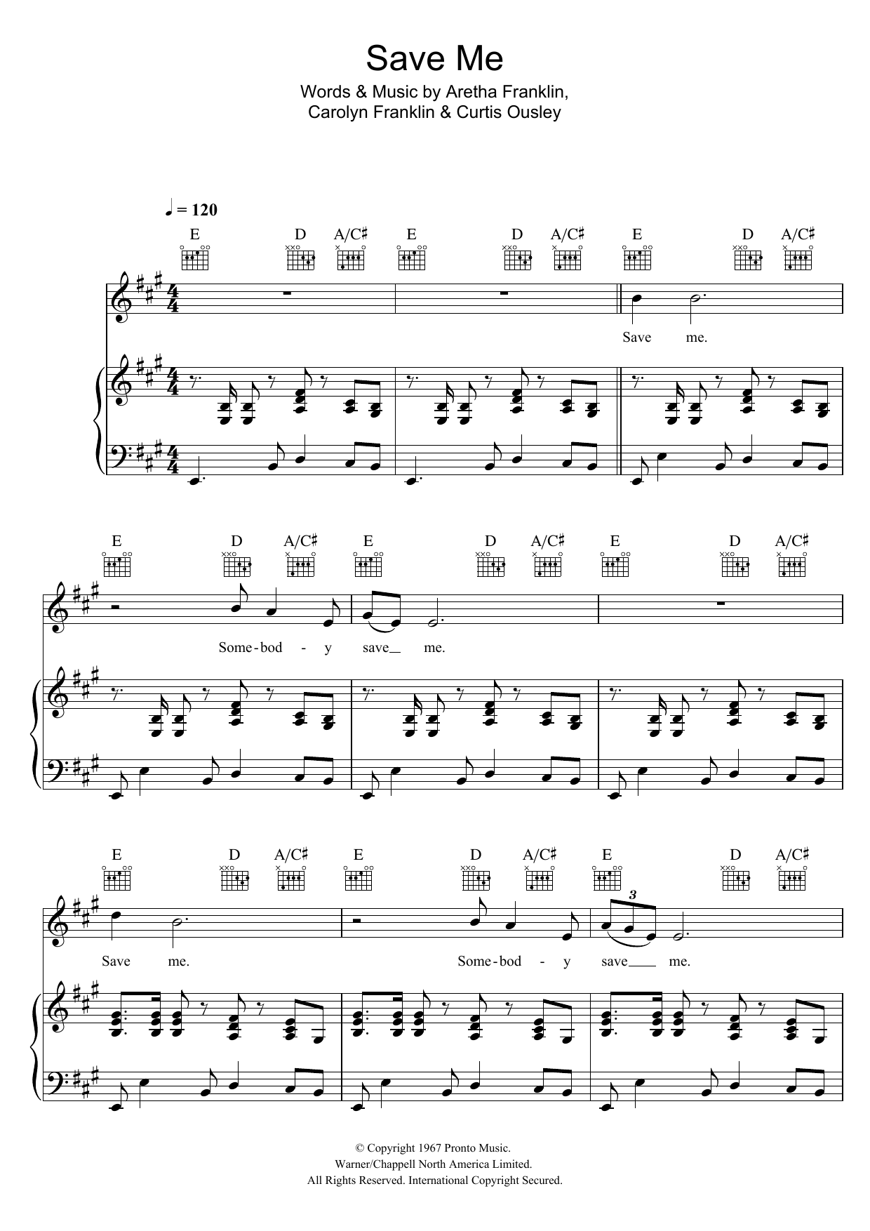 Download Aretha Franklin Save Me Sheet Music and learn how to play Piano, Vocal & Guitar (Right-Hand Melody) PDF digital score in minutes