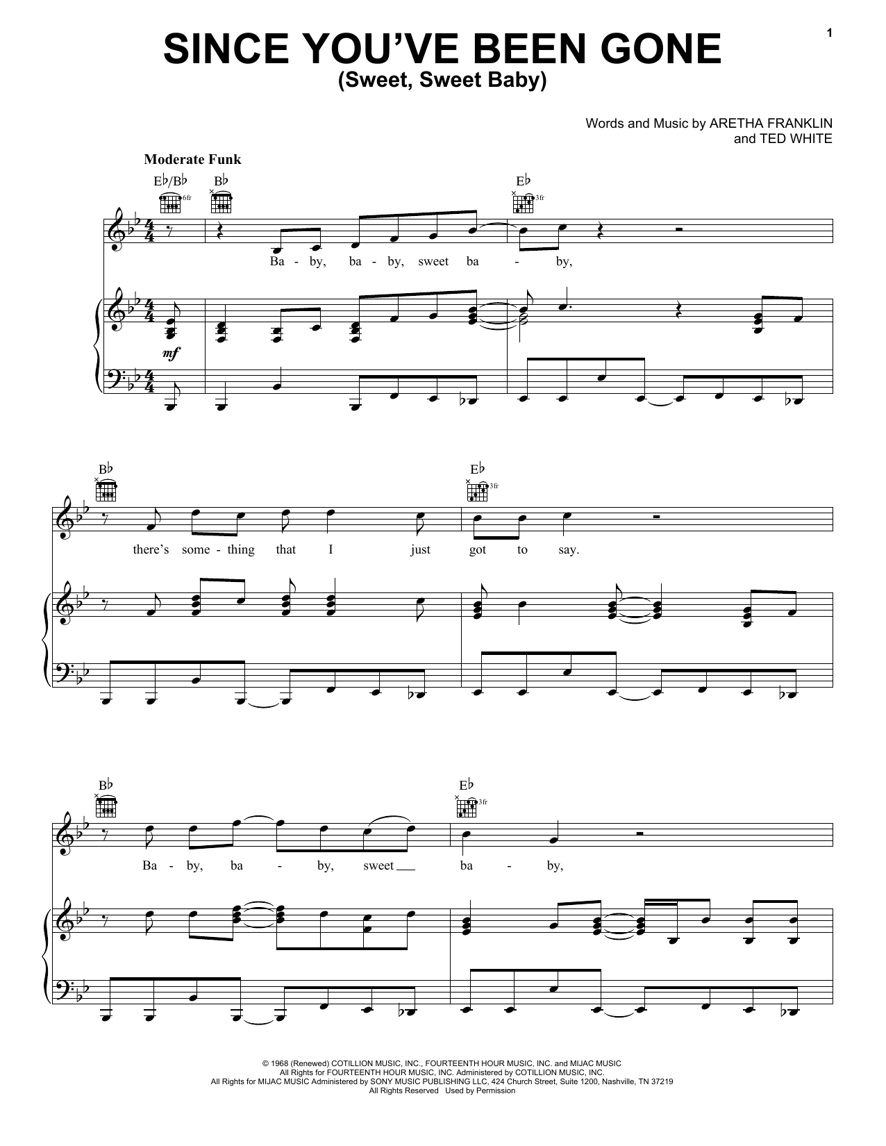 Download Aretha Franklin Since You've Been Gone (Sweet, Sweet Baby) Sheet Music and learn how to play Piano, Vocal & Guitar (Right-Hand Melody) PDF digital score in minutes