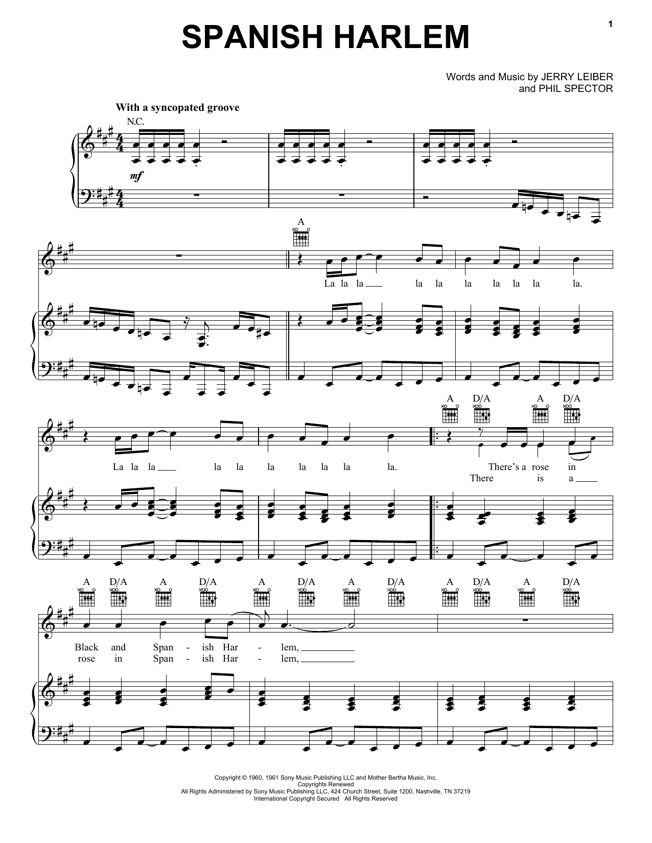 Download Aretha Franklin Spanish Harlem Sheet Music and learn how to play Piano, Vocal & Guitar (Right-Hand Melody) PDF digital score in minutes