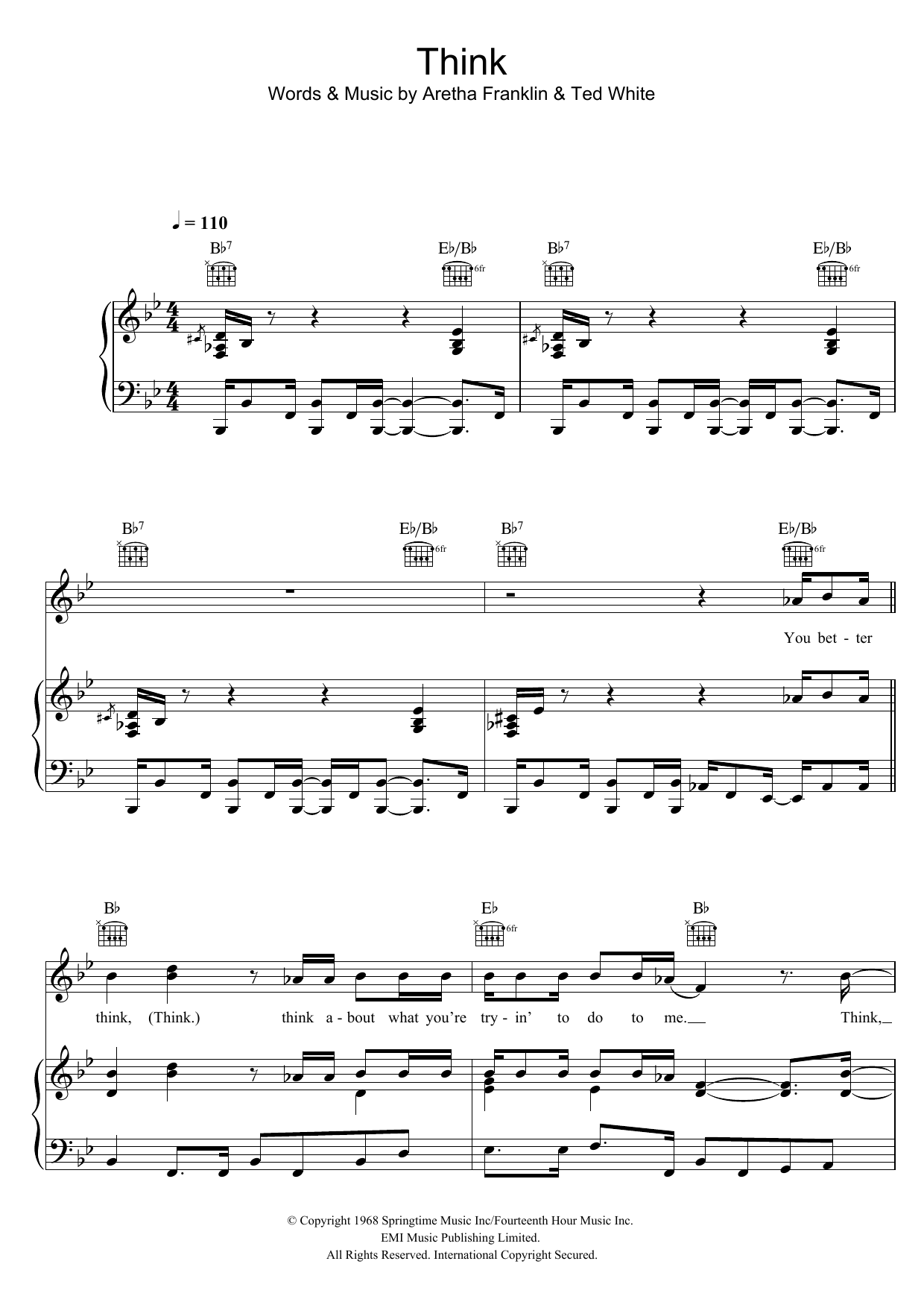 Download Aretha Franklin Think Sheet Music and learn how to play Piano, Vocal & Guitar (Right-Hand Melody) PDF digital score in minutes