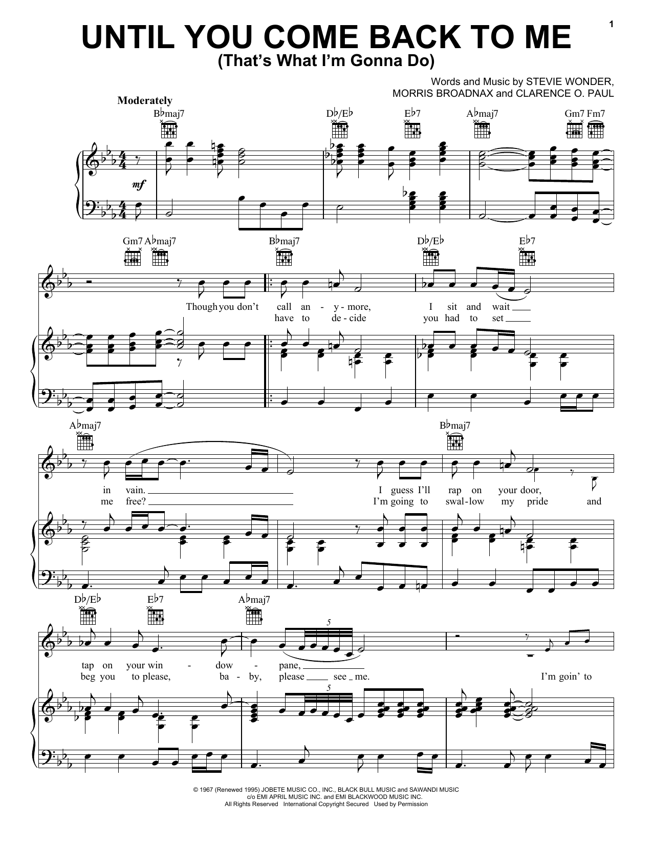 Download Aretha Franklin Until You Come Back To Me (That's What I'm Gonna Do) Sheet Music and learn how to play Piano, Vocal & Guitar (Right-Hand Melody) PDF digital score in minutes