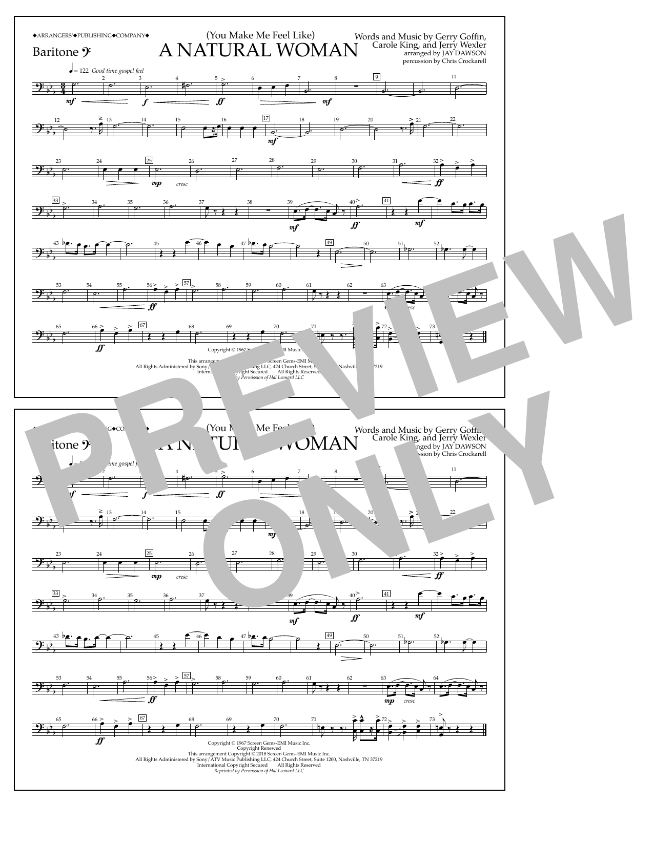 Download Aretha Franklin (You Make Me Feel Like) A Natural Woman (arr. Jay Dawson) - Baritone B.C. Sheet Music and learn how to play Marching Band PDF digital score in minutes