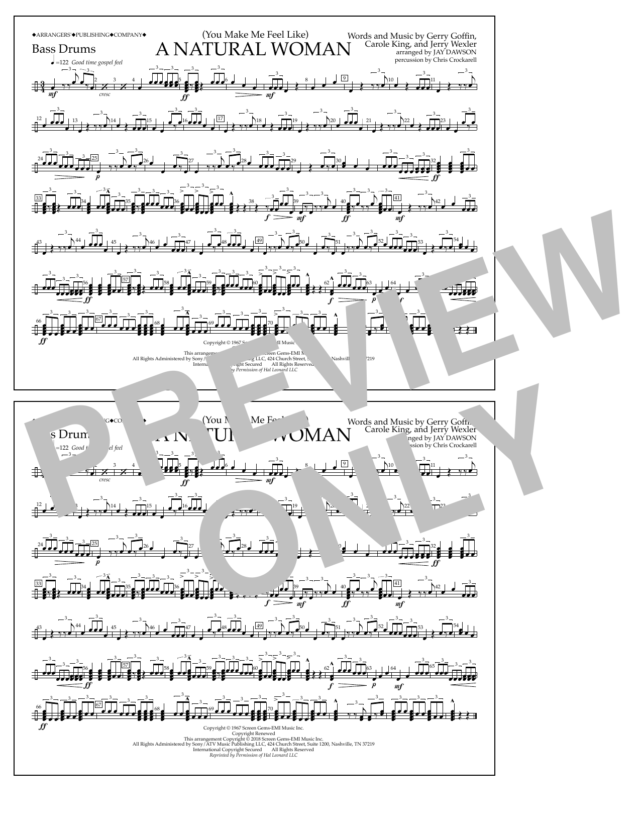 Download Aretha Franklin (You Make Me Feel Like) A Natural Woman (arr. Jay Dawson) - Bass Drums Sheet Music and learn how to play Marching Band PDF digital score in minutes
