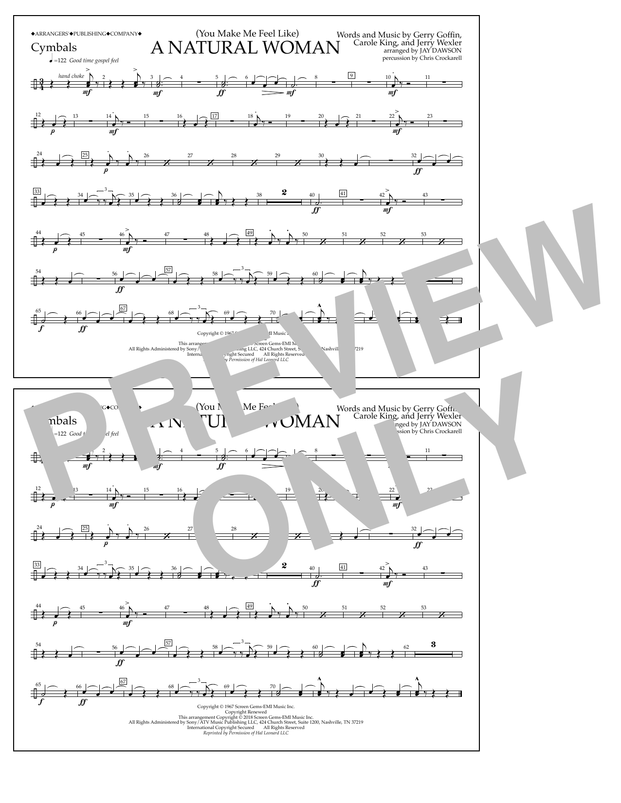 Download Aretha Franklin (You Make Me Feel Like) A Natural Woman (arr. Jay Dawson) - Cymbals Sheet Music and learn how to play Marching Band PDF digital score in minutes