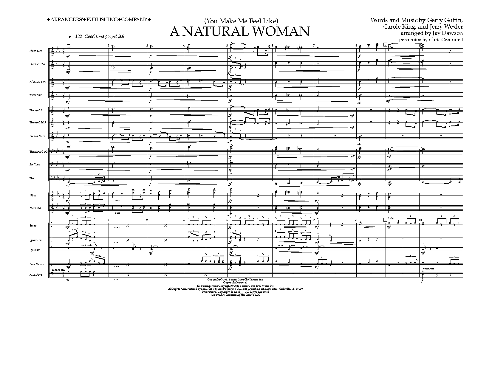 Download Aretha Franklin (You Make Me Feel Like) A Natural Woman (arr. Jay Dawson) - Full Score Sheet Music and learn how to play Marching Band PDF digital score in minutes