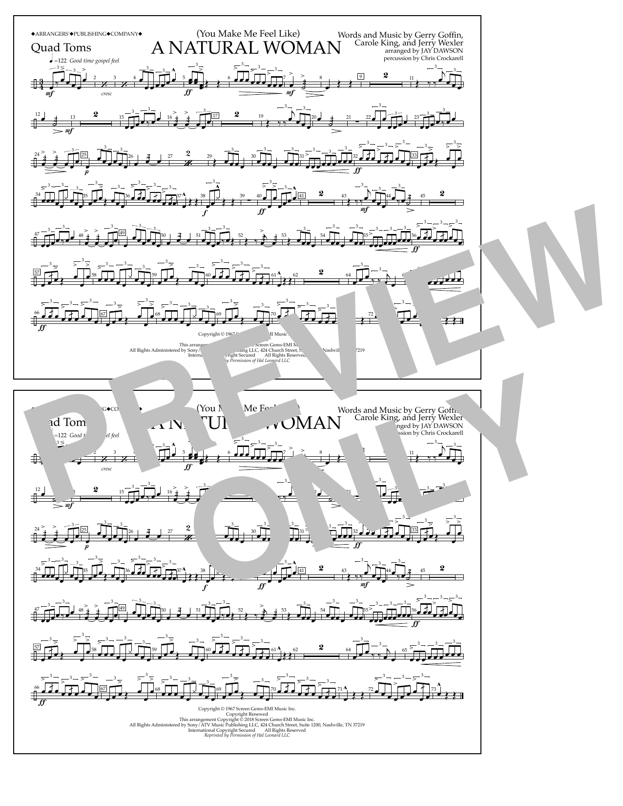 Download Aretha Franklin (You Make Me Feel Like) A Natural Woman (arr. Jay Dawson) - Quad Toms Sheet Music and learn how to play Marching Band PDF digital score in minutes