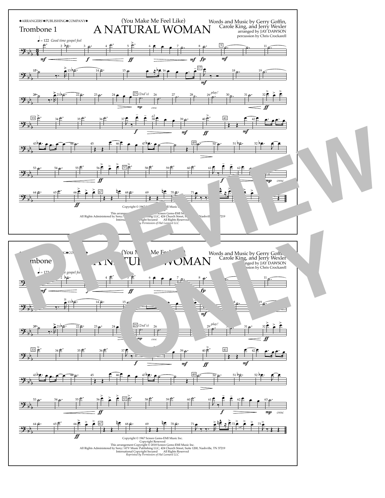 Download Aretha Franklin (You Make Me Feel Like) A Natural Woman (arr. Jay Dawson) - Trombone 1 Sheet Music and learn how to play Marching Band PDF digital score in minutes