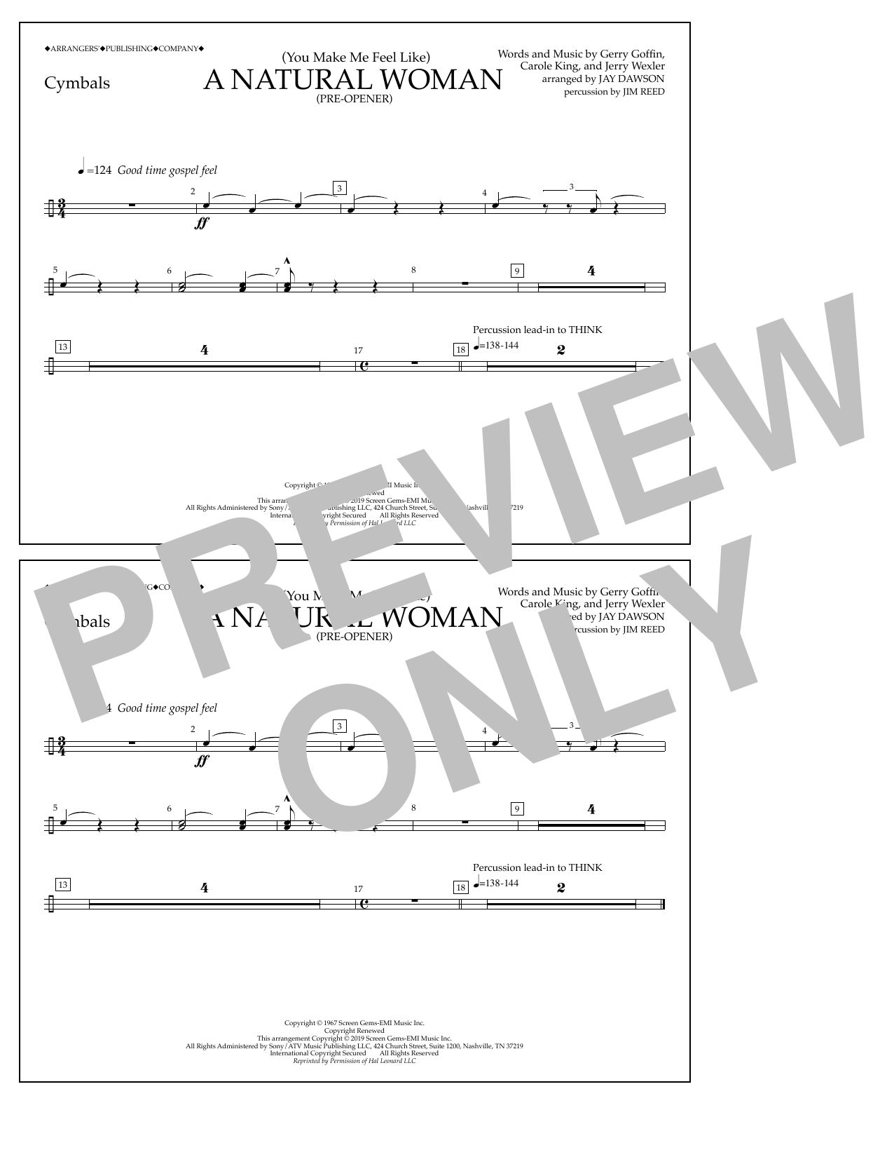 Download Aretha Franklin (You Make Me Feel Like) A Natural Woman (Pre-Opener) (arr. Jay Dawson) - Cymbals Sheet Music and learn how to play Marching Band PDF digital score in minutes