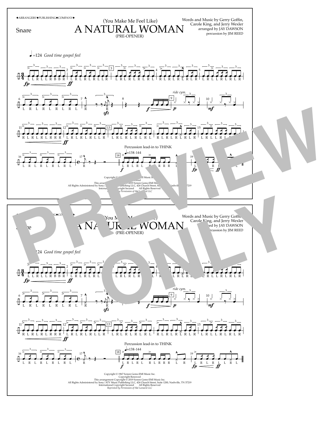 Download Aretha Franklin (You Make Me Feel Like) A Natural Woman (Pre-Opener) (arr. Jay Dawson) - Snare Sheet Music and learn how to play Marching Band PDF digital score in minutes