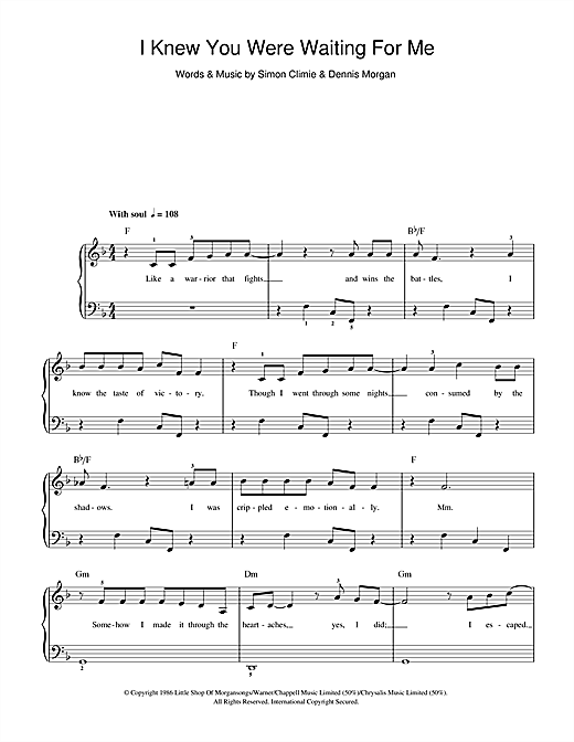 Download Aretha Franklin & George Michael I Knew You Were Waiting (For Me) Sheet Music and learn how to play Beginner Piano PDF digital score in minutes