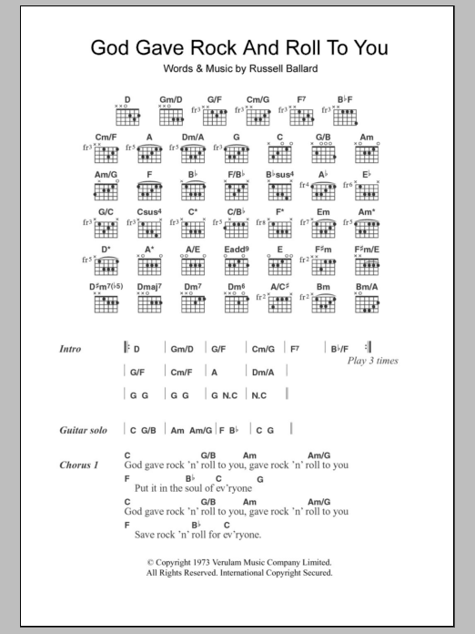 Download Argent God Gave Rock And Roll To You Sheet Music and learn how to play Lyrics & Chords PDF digital score in minutes