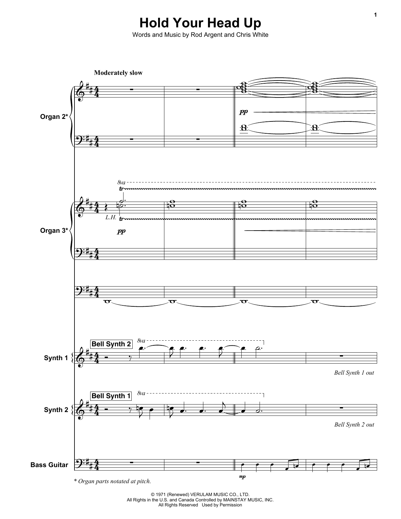 Download Argent Hold Your Head Up Sheet Music and learn how to play Keyboard Transcription PDF digital score in minutes