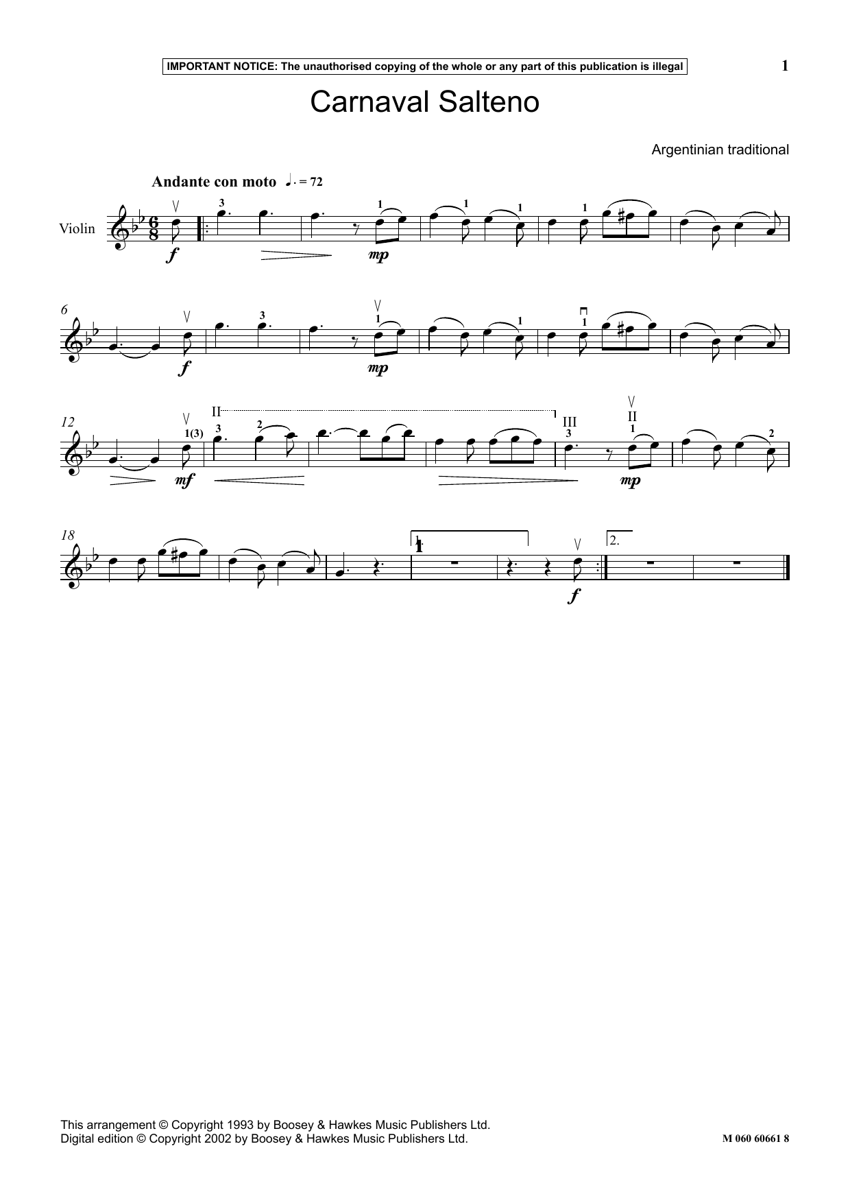 Download Argentinian Traditional Carnaval Salteno Sheet Music and learn how to play Instrumental Solo PDF digital score in minutes