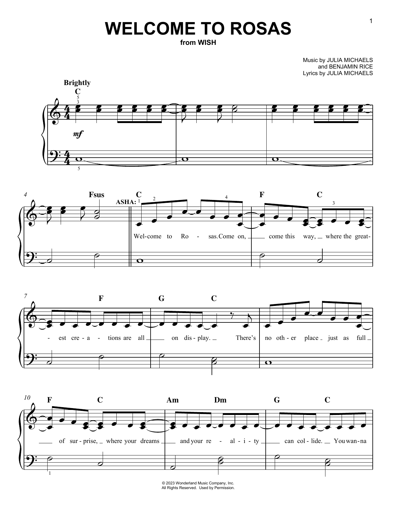 Download Ariana DeBose and The Cast Of Wish Welcome to Rosas (from Wish) Sheet Music and learn how to play Easy Piano PDF digital score in minutes