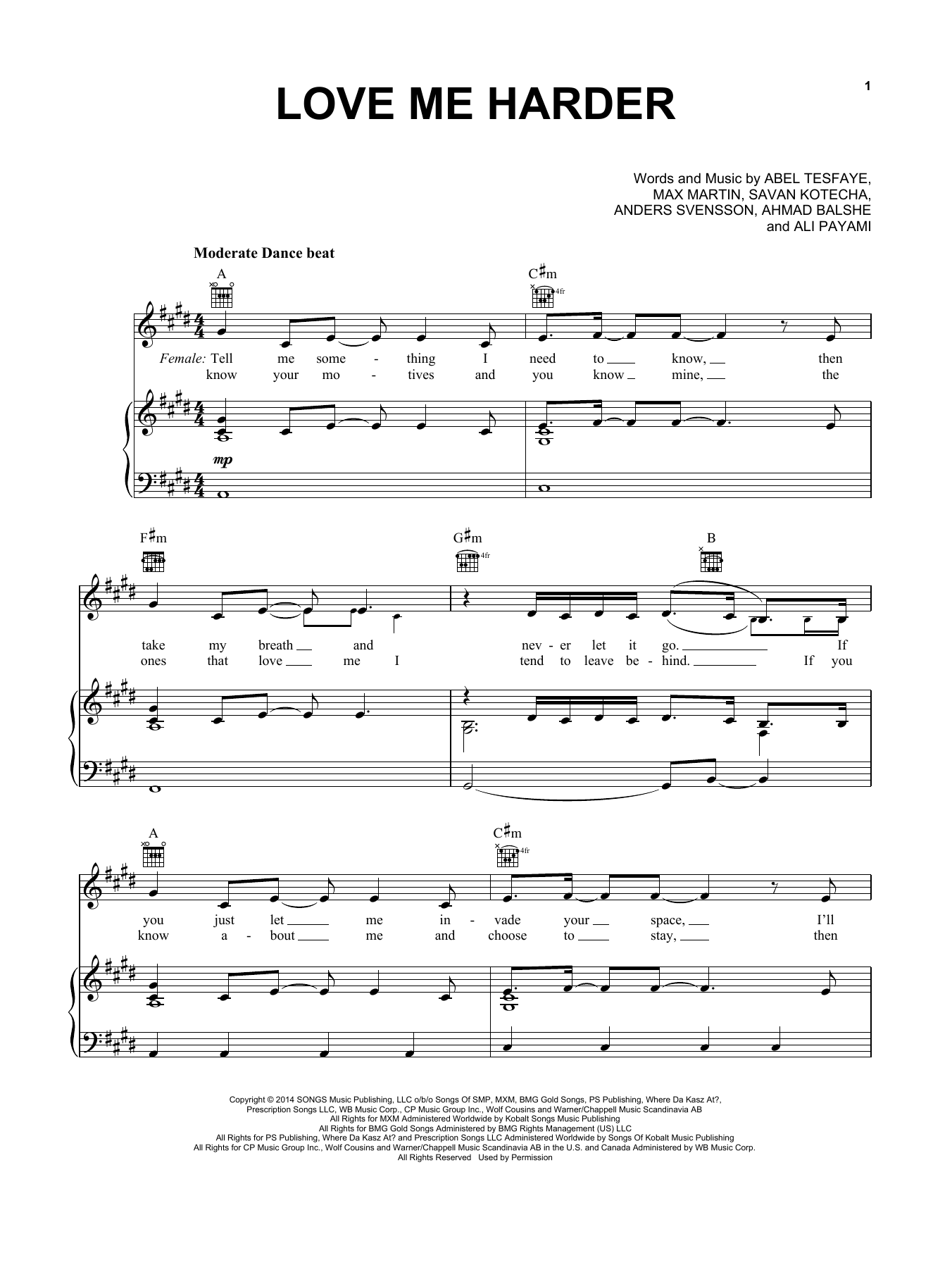 Download Ariana Grande & The Weeknd Love Me Harder Sheet Music and learn how to play Piano, Vocal & Guitar (Right-Hand Melody) PDF digital score in minutes