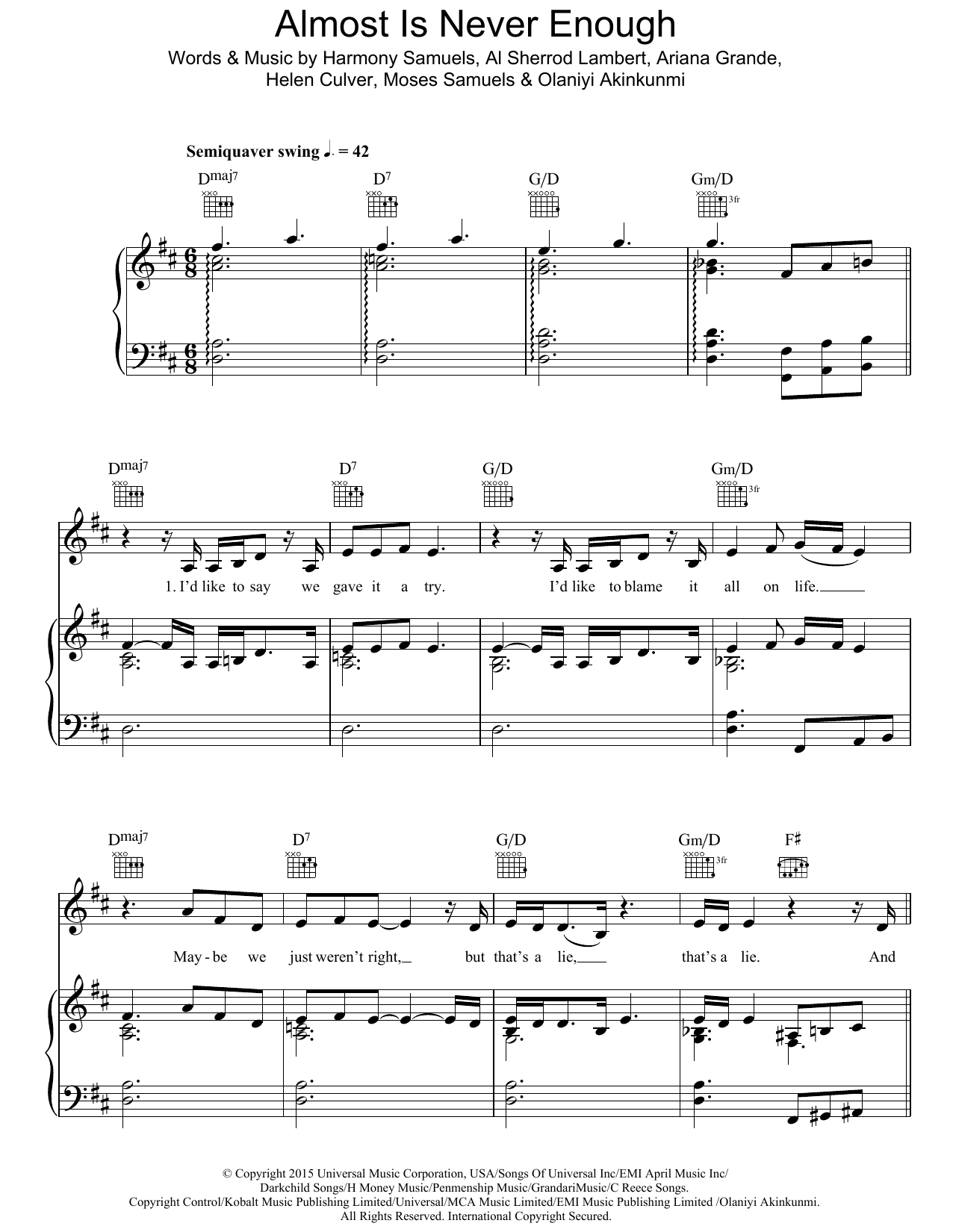 Download Ariana Grande Almost Is Never Enough (feat. Nathan Sykes) Sheet Music and learn how to play Piano, Vocal & Guitar (Right-Hand Melody) PDF digital score in minutes