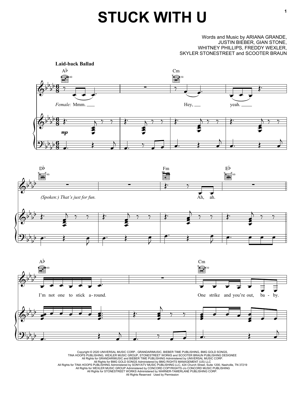 Download Ariana Grande and Justin Bieber Stuck with U Sheet Music and learn how to play Piano, Vocal & Guitar Chords (Right-Hand Melody) PDF digital score in minutes