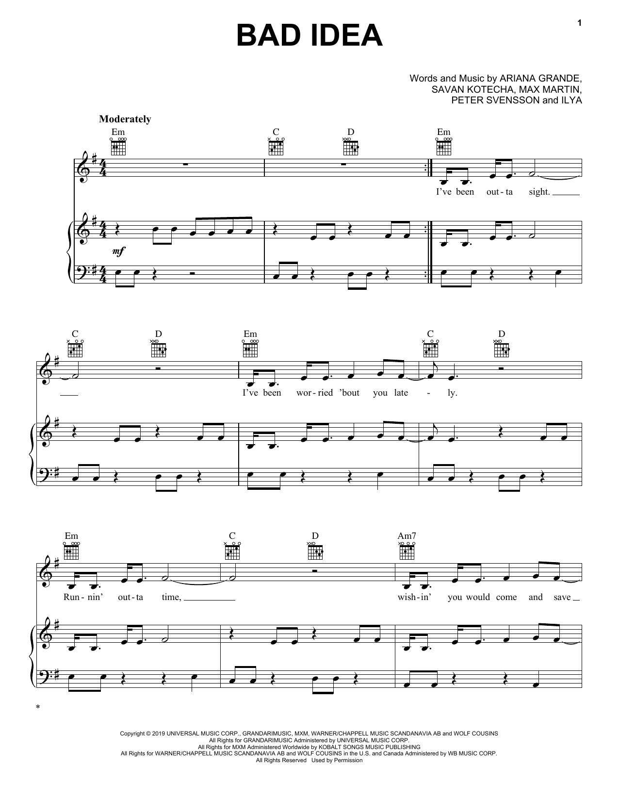 Download Ariana Grande Bad Idea Sheet Music and learn how to play Piano, Vocal & Guitar Chords (Right-Hand Melody) PDF digital score in minutes