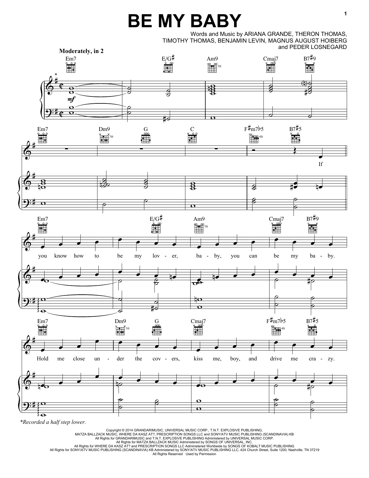 Download Ariana Grande Be My Baby Sheet Music and learn how to play Piano, Vocal & Guitar (Right-Hand Melody) PDF digital score in minutes
