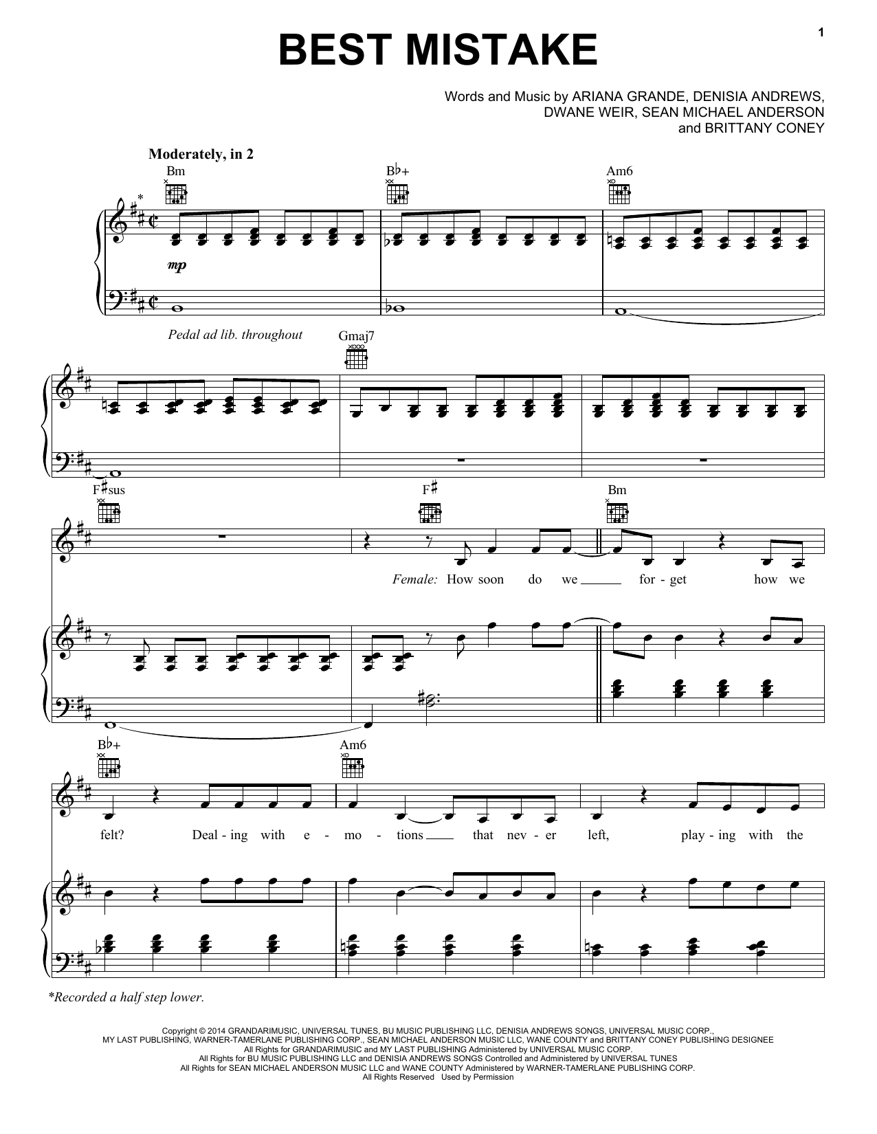Download Ariana Grande Best Mistake Sheet Music and learn how to play Piano, Vocal & Guitar (Right-Hand Melody) PDF digital score in minutes
