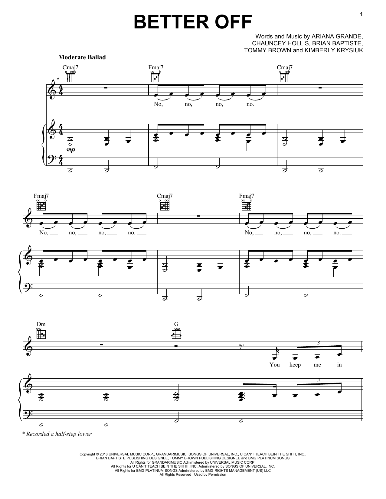 Download Ariana Grande Better Off Sheet Music and learn how to play Piano, Vocal & Guitar Chords (Right-Hand Melody) PDF digital score in minutes