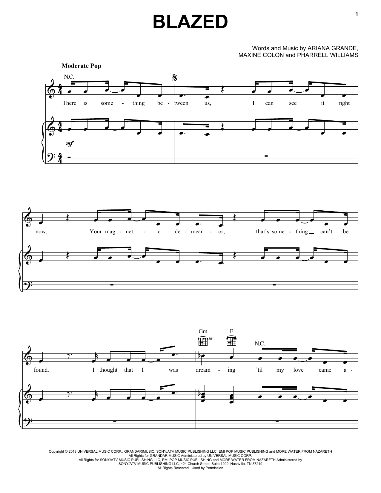 Download Ariana Grande Blazed (feat. Pharrell Williams) Sheet Music and learn how to play Piano, Vocal & Guitar Chords (Right-Hand Melody) PDF digital score in minutes