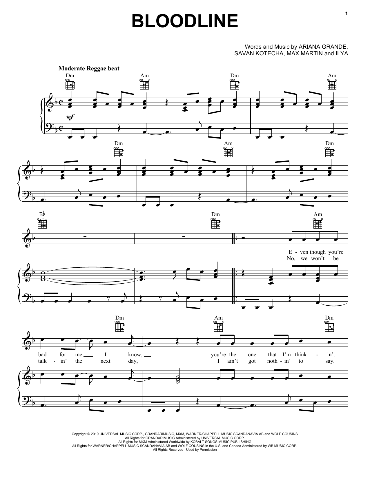 Download Ariana Grande Bloodline Sheet Music and learn how to play Piano, Vocal & Guitar Chords (Right-Hand Melody) PDF digital score in minutes