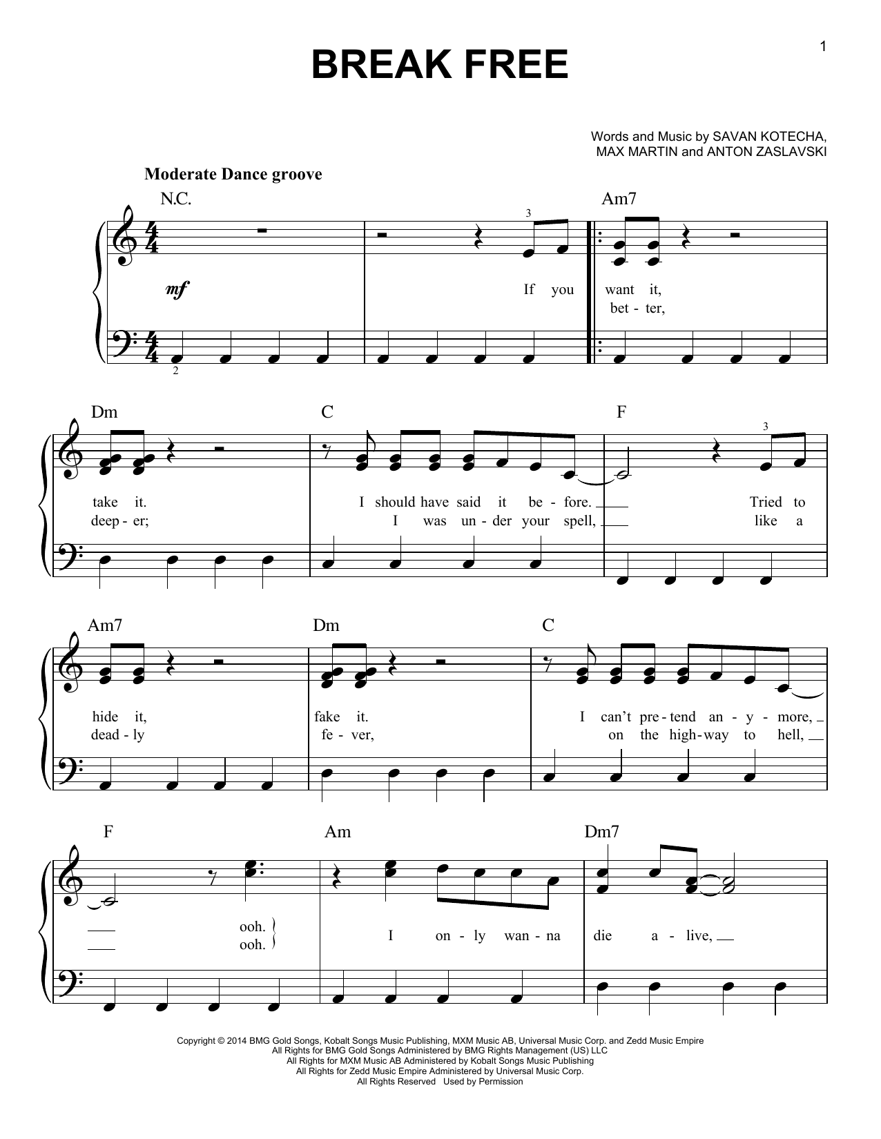 Download Ariana Grande Break Free (feat. Zedd) Sheet Music and learn how to play Easy Piano PDF digital score in minutes