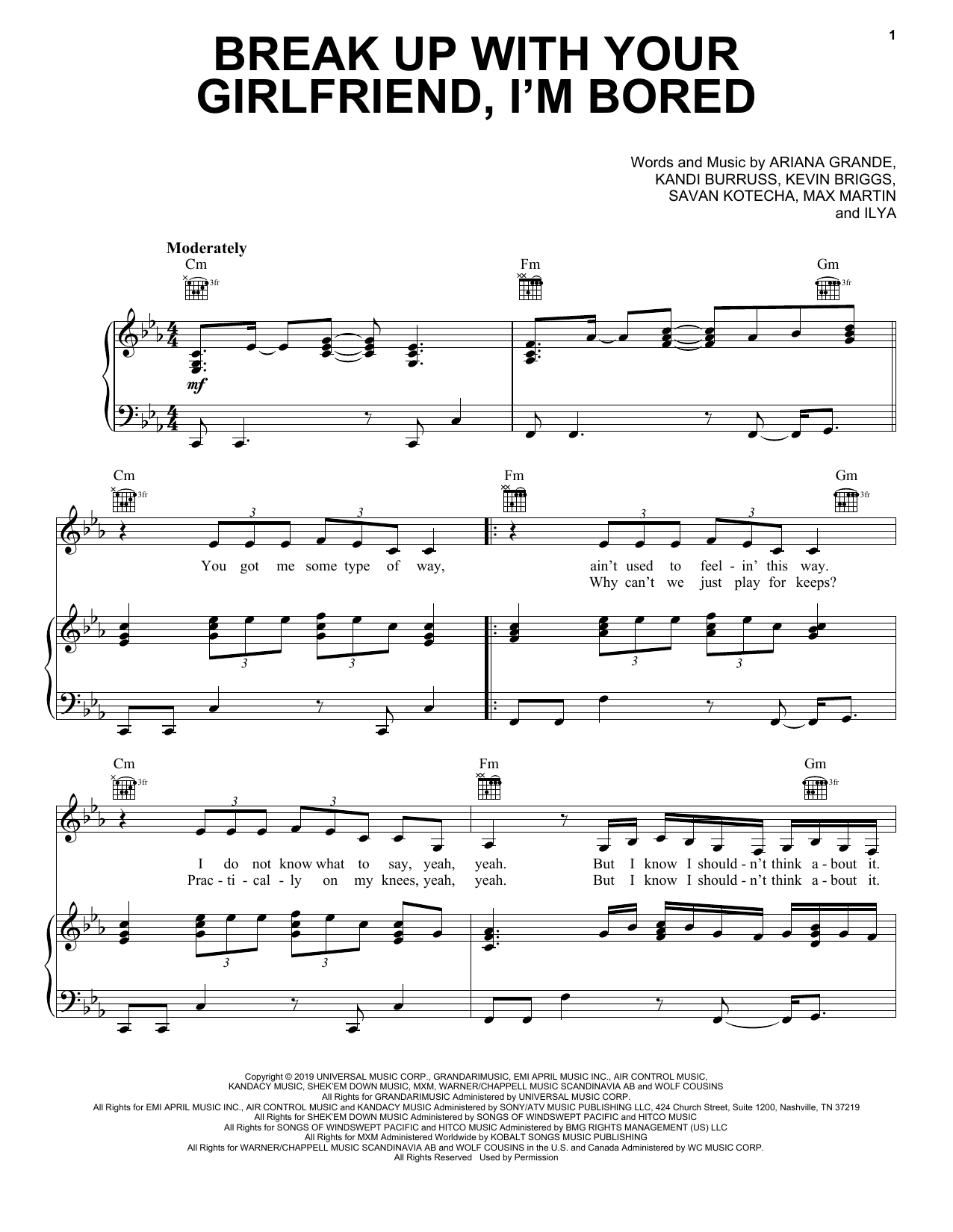 Download Ariana Grande break up with your girlfriend, i'm bored Sheet Music and learn how to play Piano, Vocal & Guitar Chords (Right-Hand Melody) PDF digital score in minutes