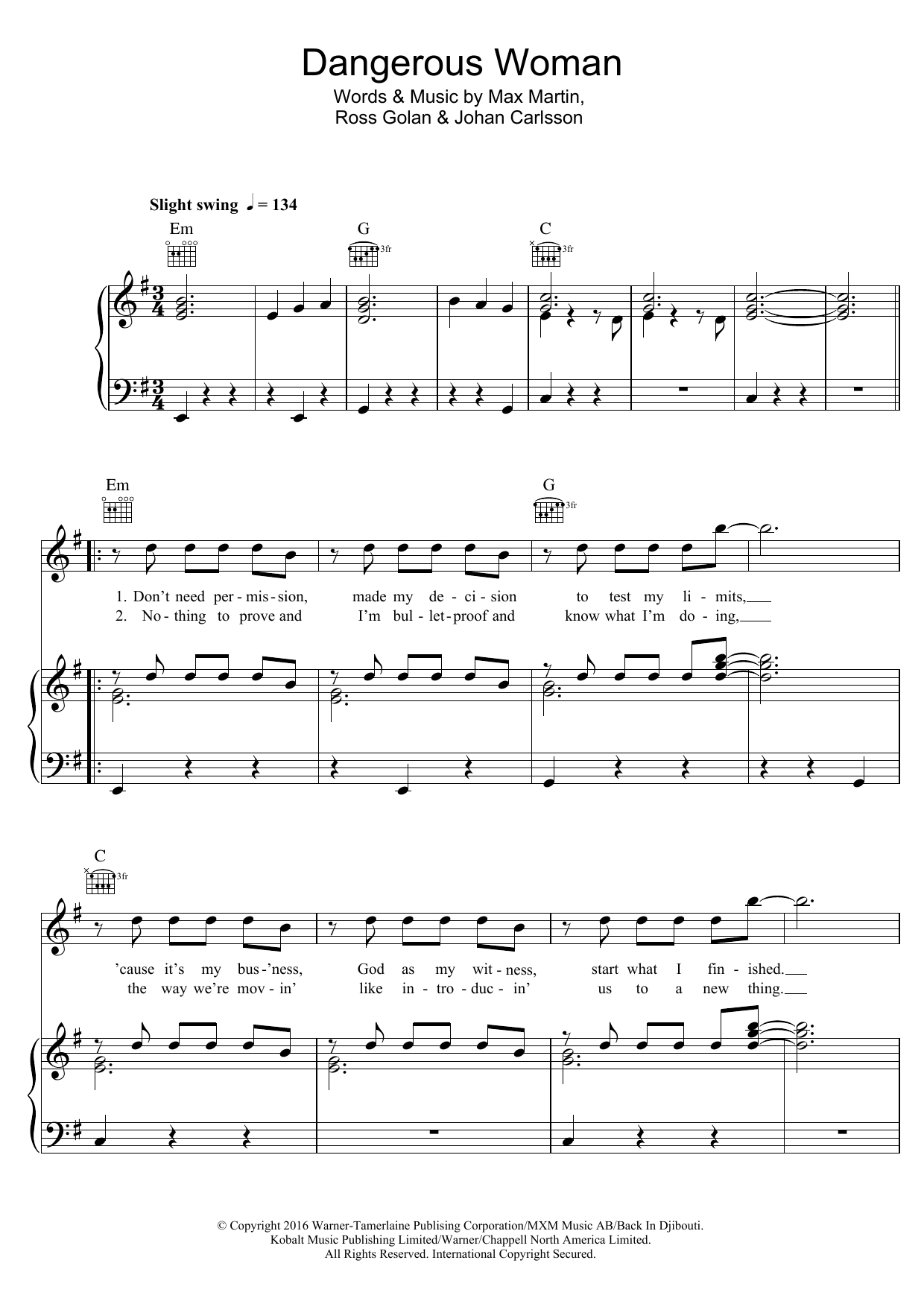 Download Ariana Grande Dangerous Woman Sheet Music and learn how to play Piano, Vocal & Guitar (Right-Hand Melody) PDF digital score in minutes