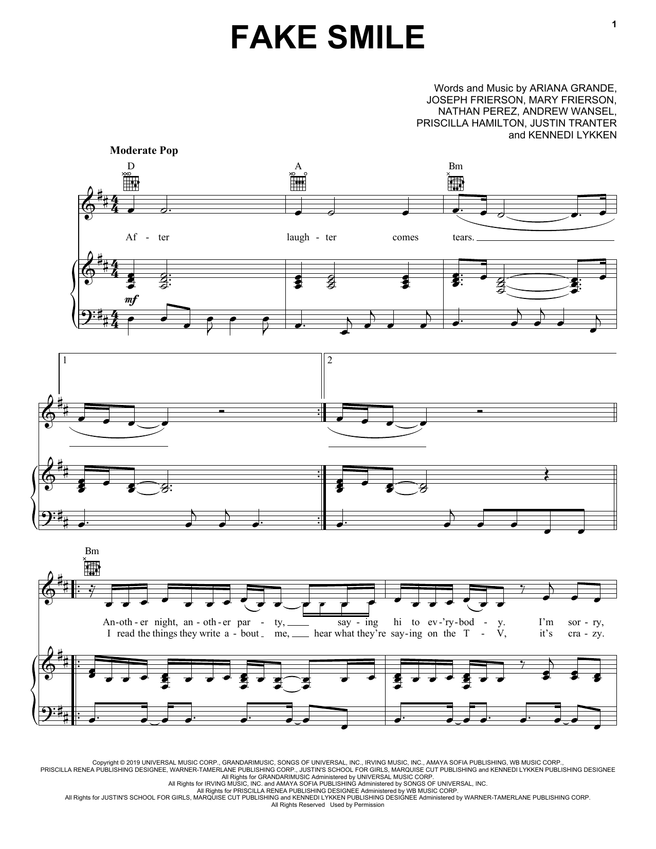 Download Ariana Grande Fake Smile Sheet Music and learn how to play Piano, Vocal & Guitar Chords (Right-Hand Melody) PDF digital score in minutes