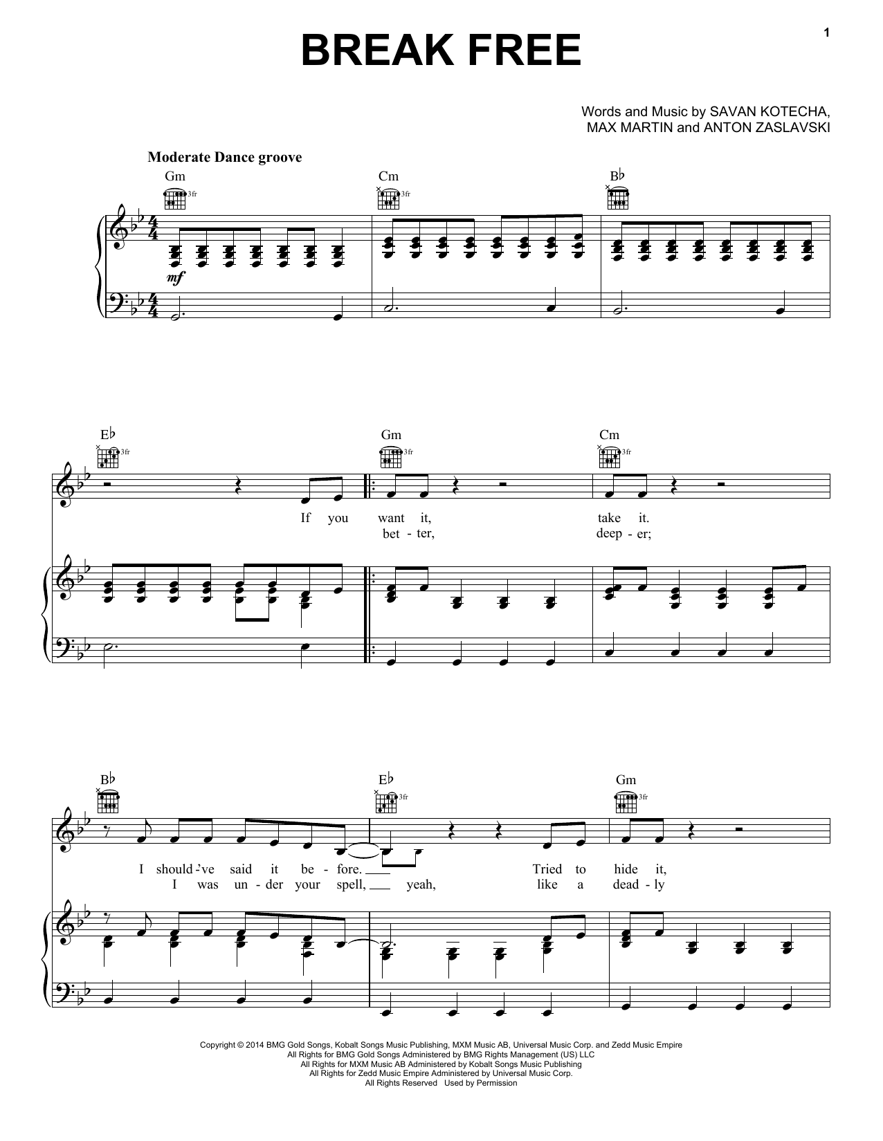 Download Ariana Grande feat. Zedd Break Free Sheet Music and learn how to play Piano, Vocal & Guitar (Right-Hand Melody) PDF digital score in minutes