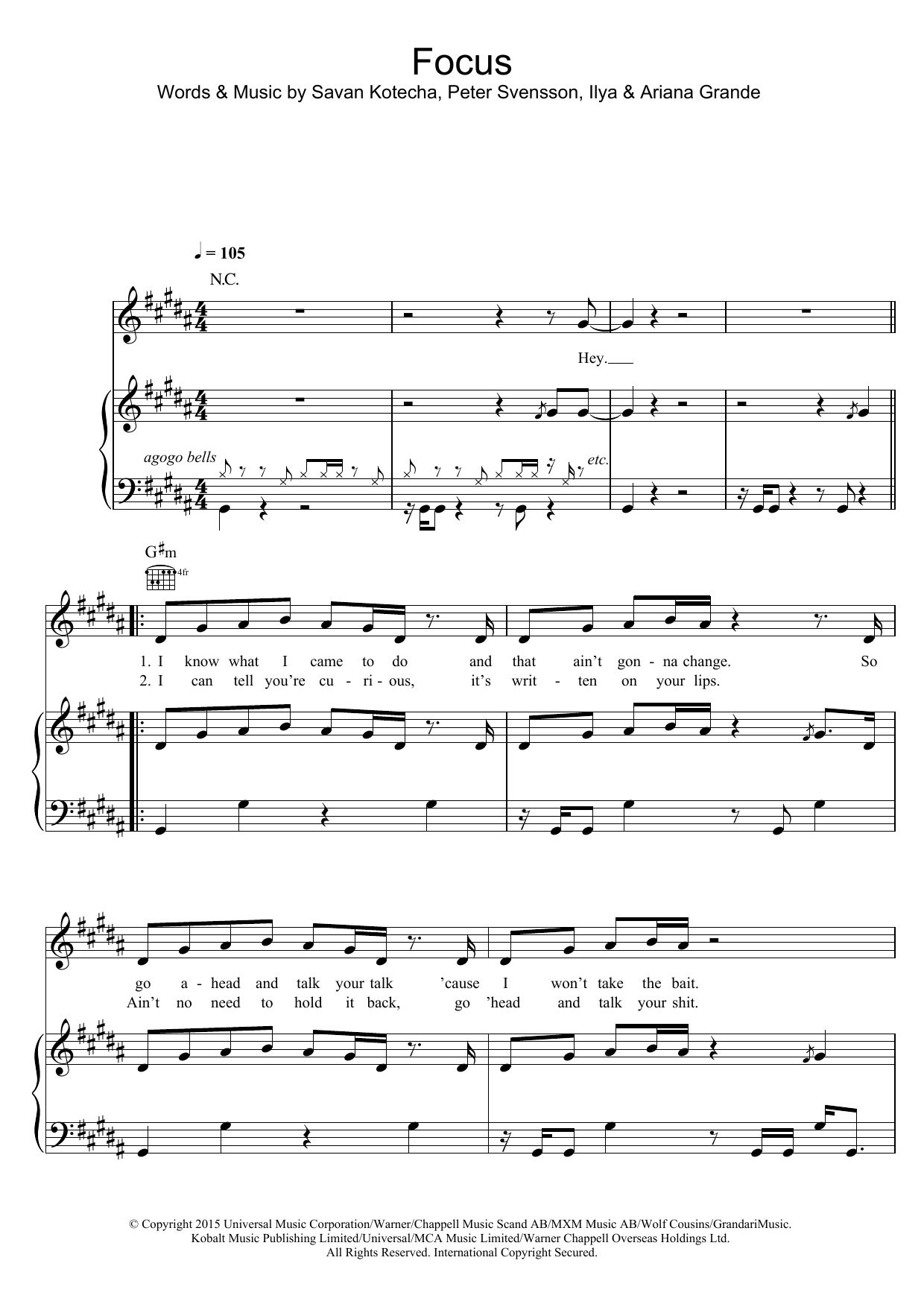Download Ariana Grande Focus Sheet Music and learn how to play Piano, Vocal & Guitar (Right-Hand Melody) PDF digital score in minutes