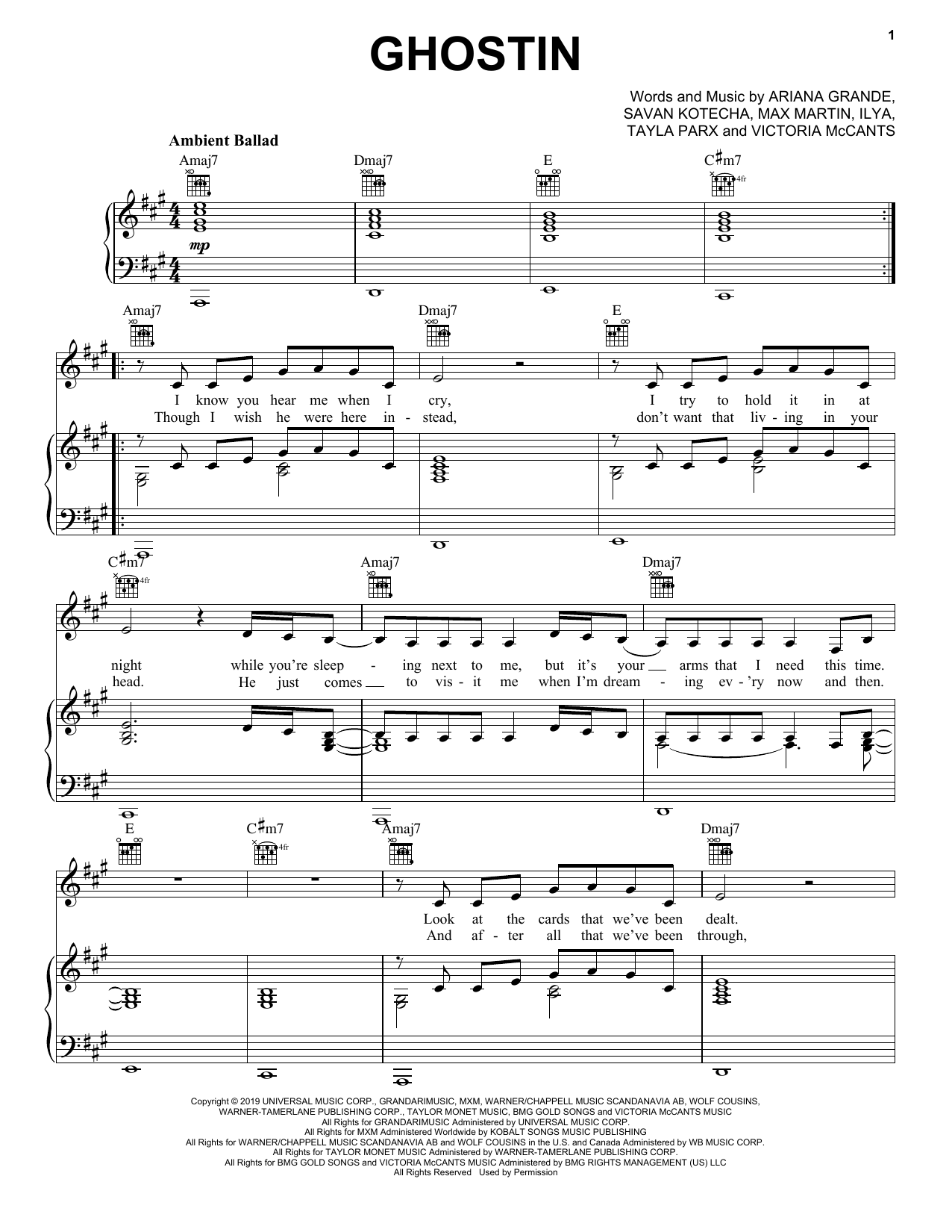 Download Ariana Grande Ghostin Sheet Music and learn how to play Piano, Vocal & Guitar Chords (Right-Hand Melody) PDF digital score in minutes