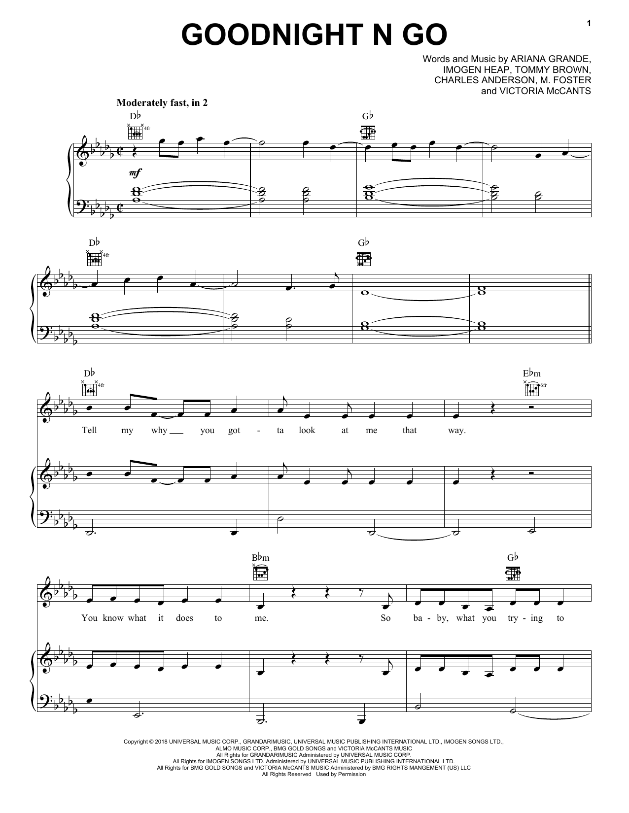 Download Ariana Grande Goodnight N Go Sheet Music and learn how to play Piano, Vocal & Guitar Chords (Right-Hand Melody) PDF digital score in minutes