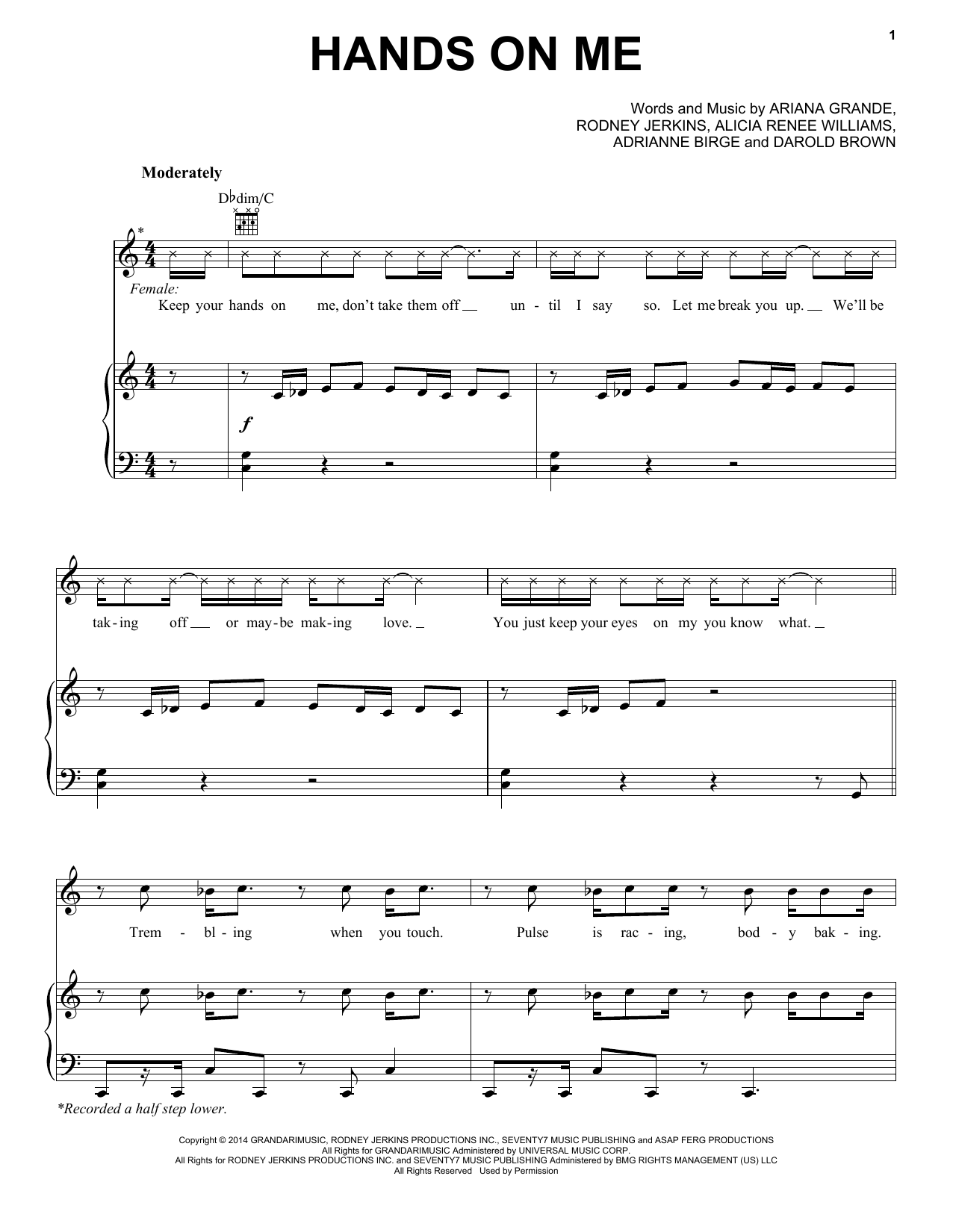Download Ariana Grande Hands On Me Sheet Music and learn how to play Piano, Vocal & Guitar (Right-Hand Melody) PDF digital score in minutes