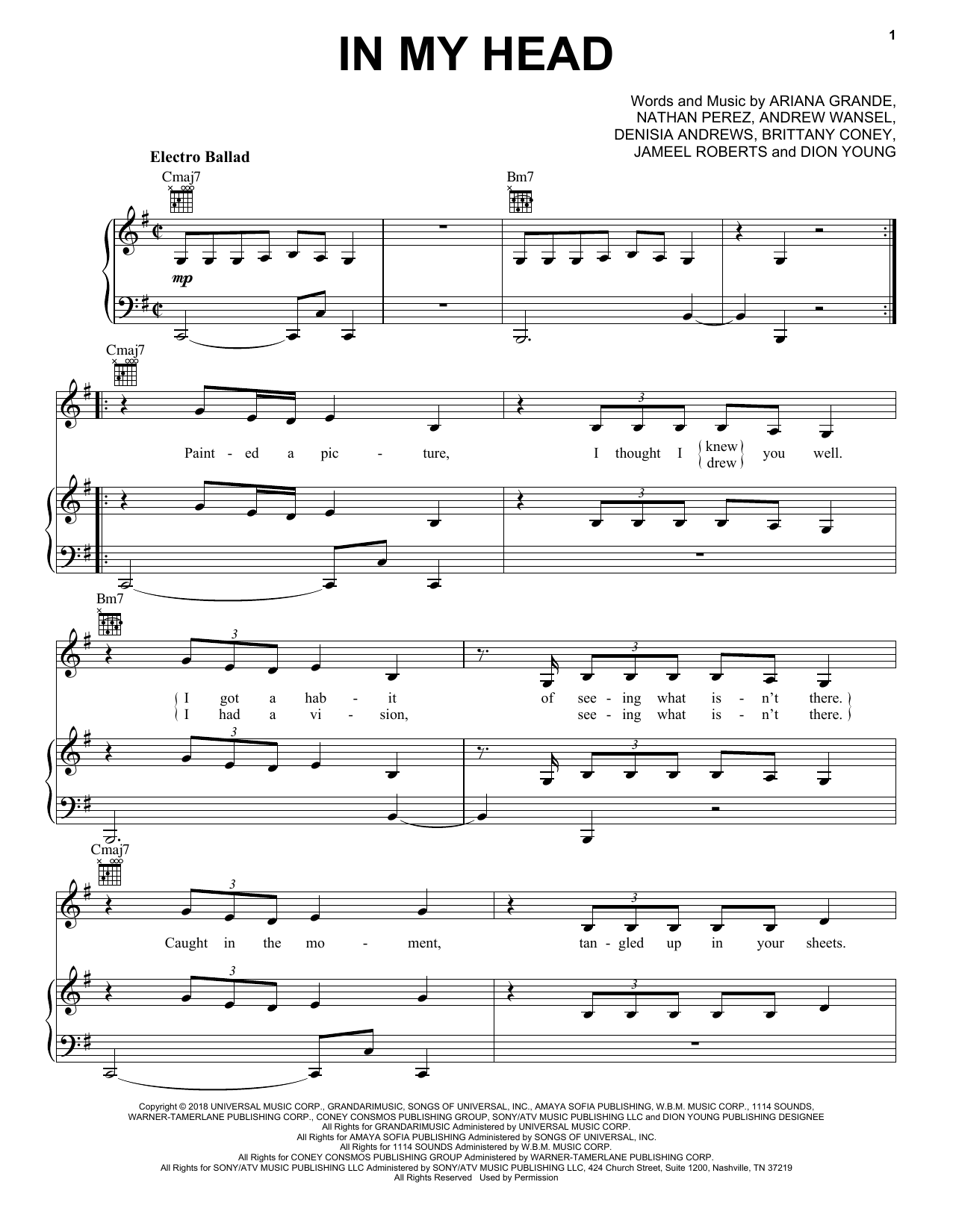 Download Ariana Grande In My Head Sheet Music and learn how to play Piano, Vocal & Guitar Chords (Right-Hand Melody) PDF digital score in minutes
