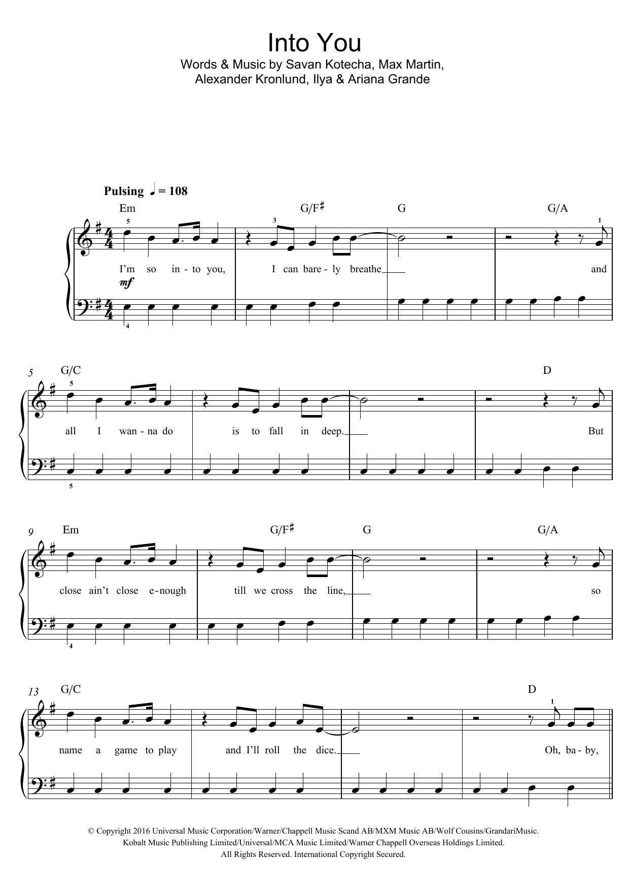 Download Ariana Grande Into You Sheet Music and learn how to play Piano, Vocal & Guitar Chords (Right-Hand Melody) PDF digital score in minutes