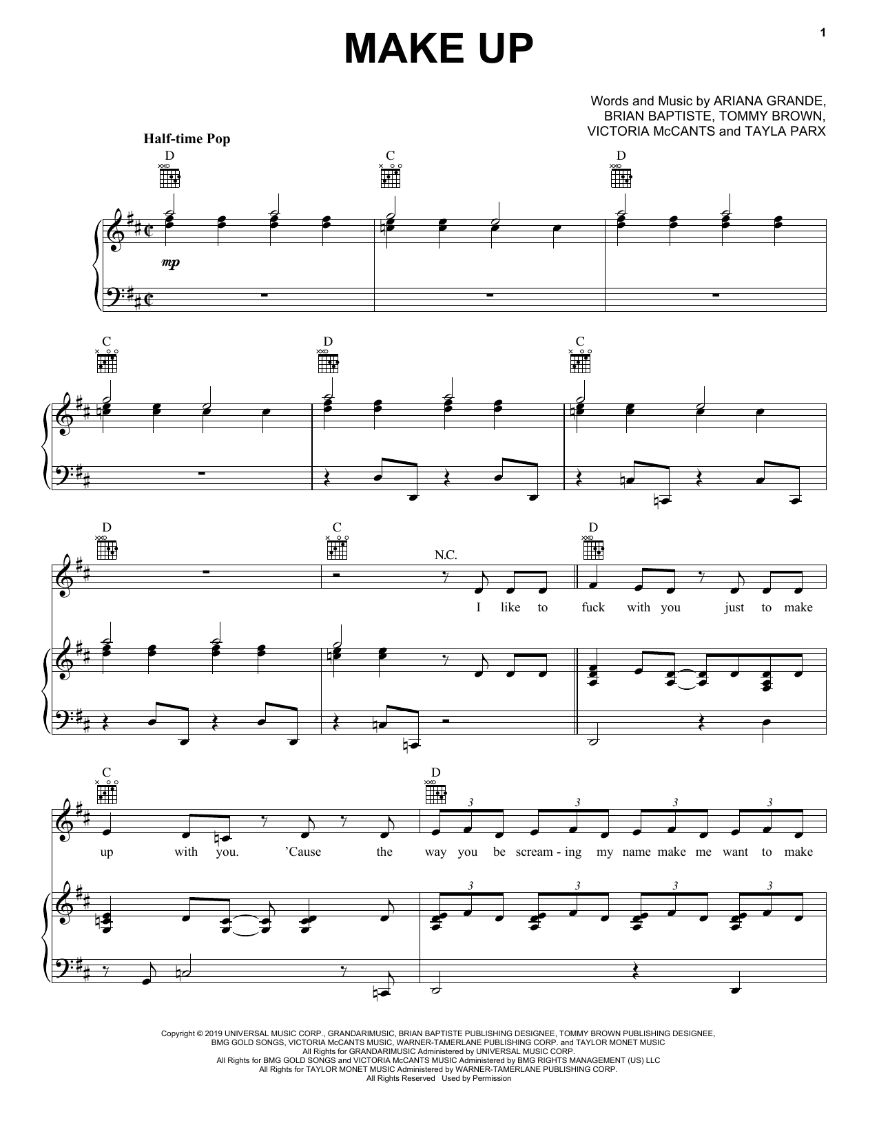 Download Ariana Grande Make Up Sheet Music and learn how to play Piano, Vocal & Guitar Chords (Right-Hand Melody) PDF digital score in minutes