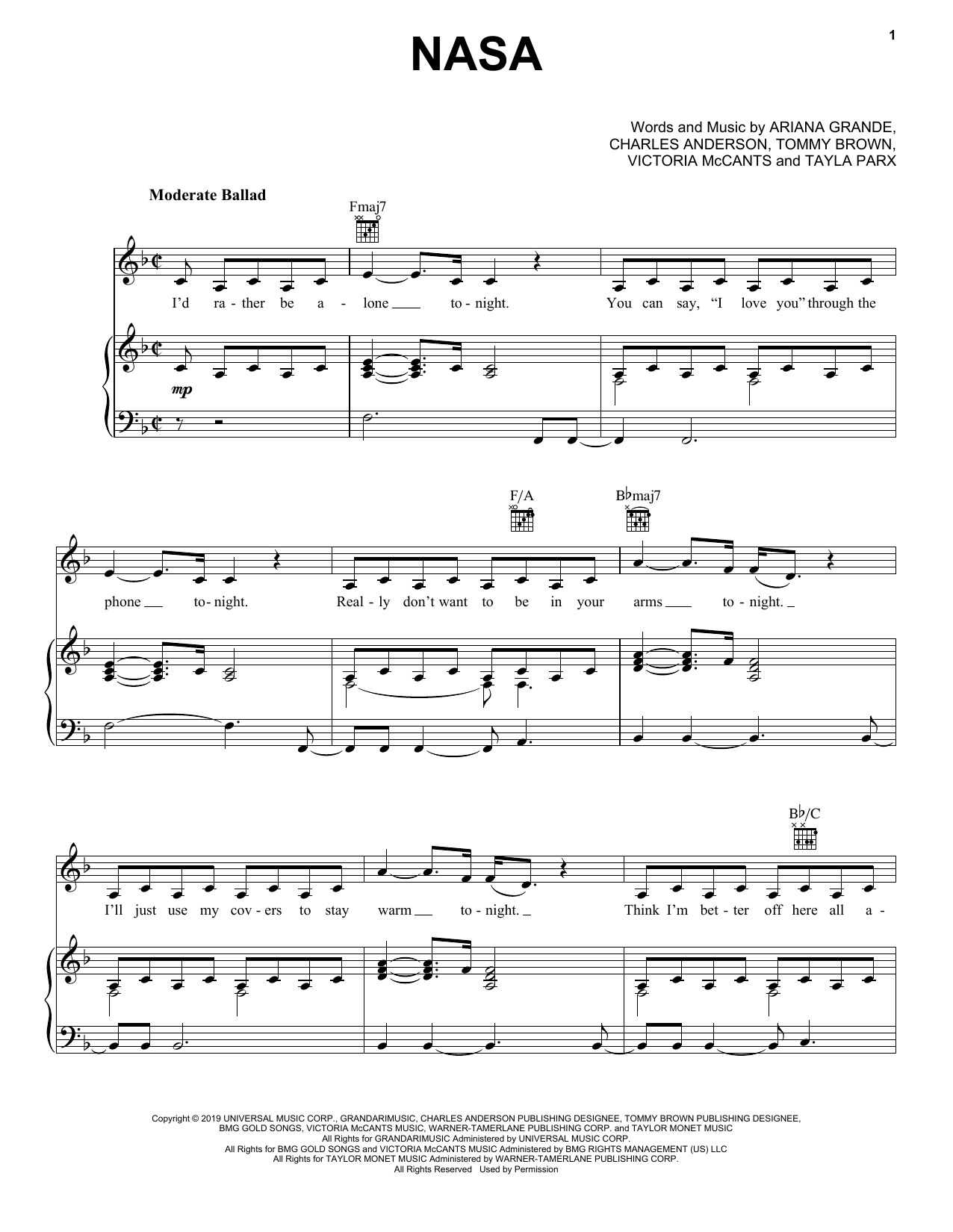 Download Ariana Grande NASA Sheet Music and learn how to play Piano, Vocal & Guitar Chords (Right-Hand Melody) PDF digital score in minutes