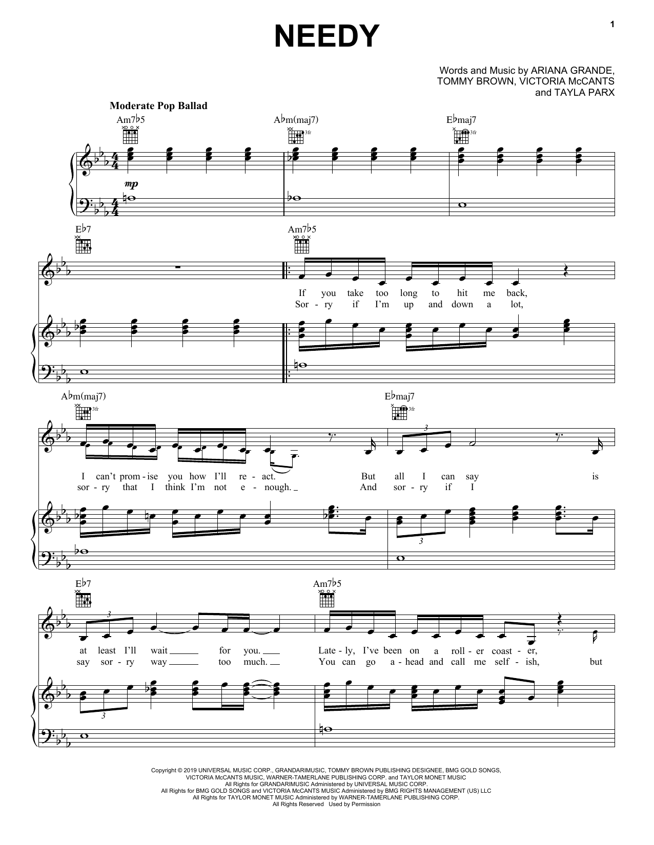 Download Ariana Grande Needy Sheet Music and learn how to play Piano, Vocal & Guitar Chords (Right-Hand Melody) PDF digital score in minutes