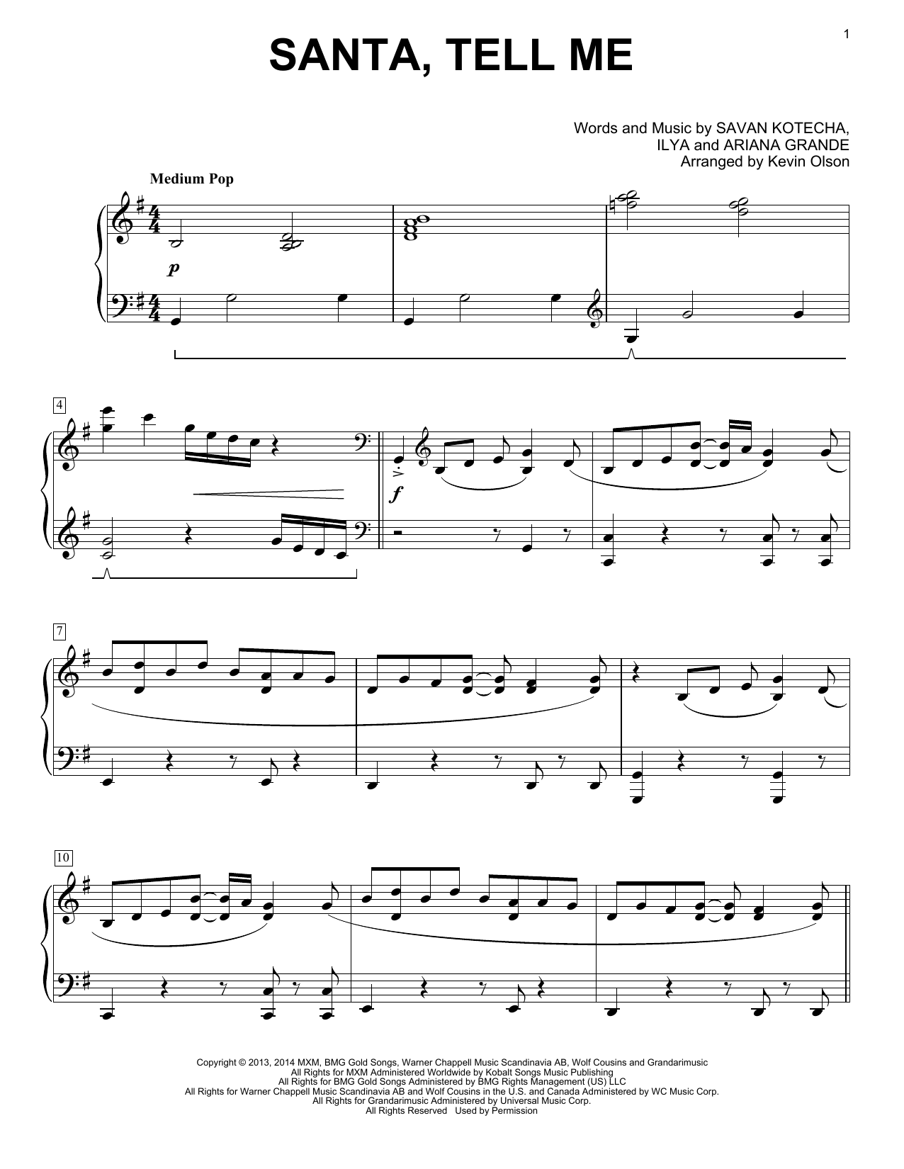 Download Ariana Grande Santa Tell Me (arr. Kevin Olson) Sheet Music and learn how to play Easy Piano Solo PDF digital score in minutes