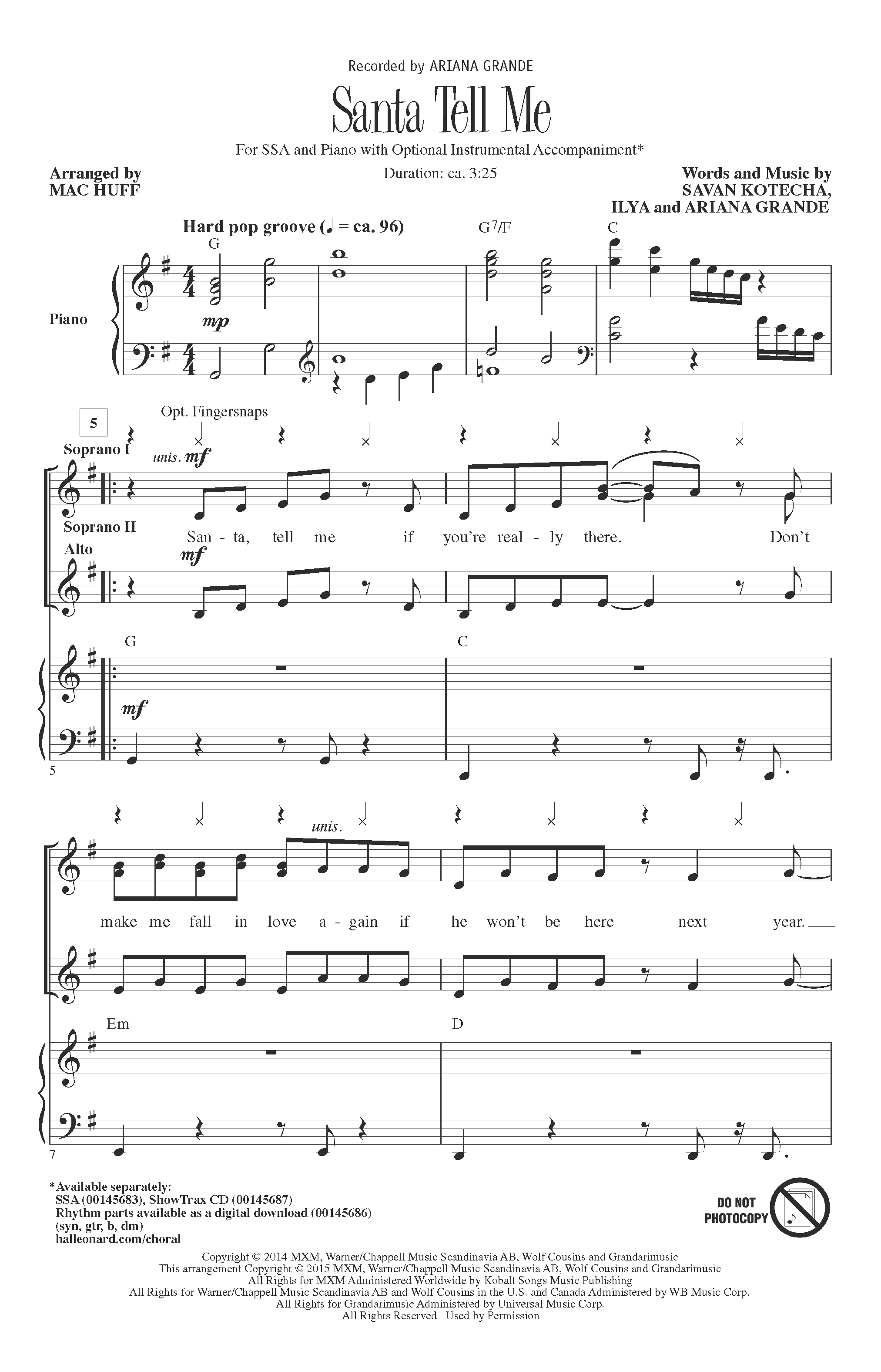 Download Ariana Grande Santa Tell Me (arr. Mac Huff) Sheet Music and learn how to play SSA PDF digital score in minutes