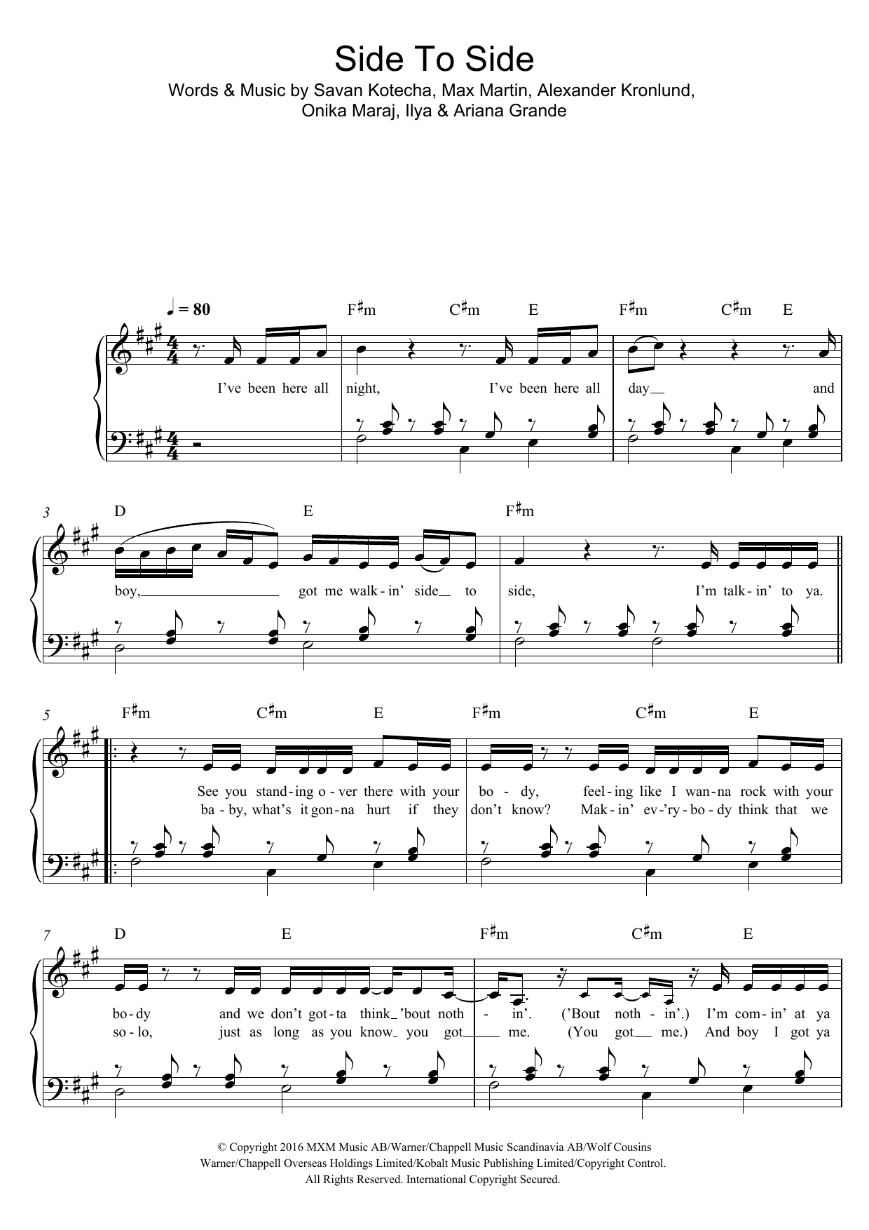 Download Ariana Grande Side To Side (feat. Nicki Minaj) Sheet Music and learn how to play Easy Piano PDF digital score in minutes