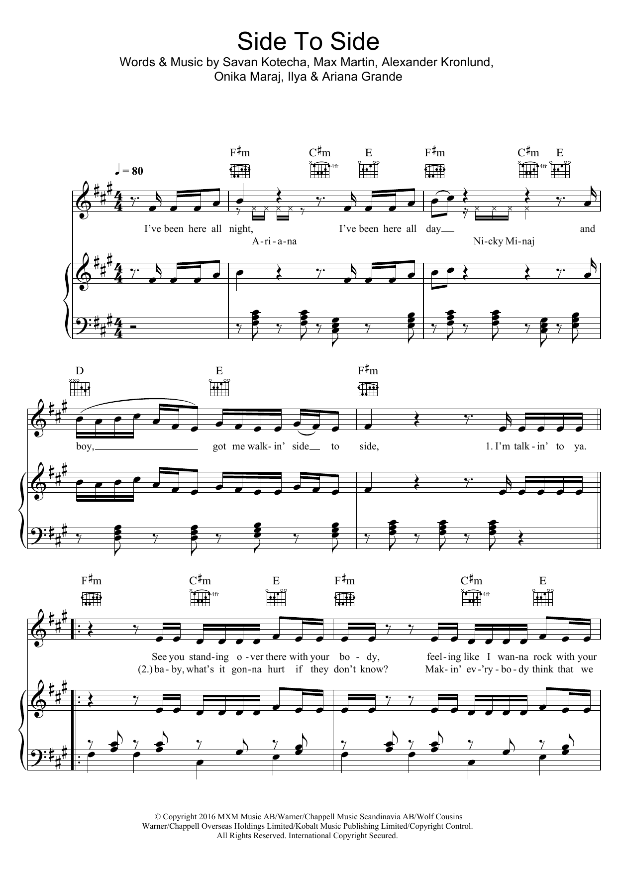 Download Ariana Grande Side To Side (feat. Nicki Minaj) Sheet Music and learn how to play Piano, Vocal & Guitar (Right-Hand Melody) PDF digital score in minutes