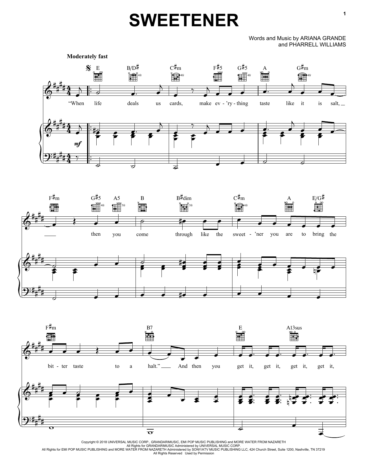 Download Ariana Grande sweetener Sheet Music and learn how to play Piano, Vocal & Guitar Chords (Right-Hand Melody) PDF digital score in minutes